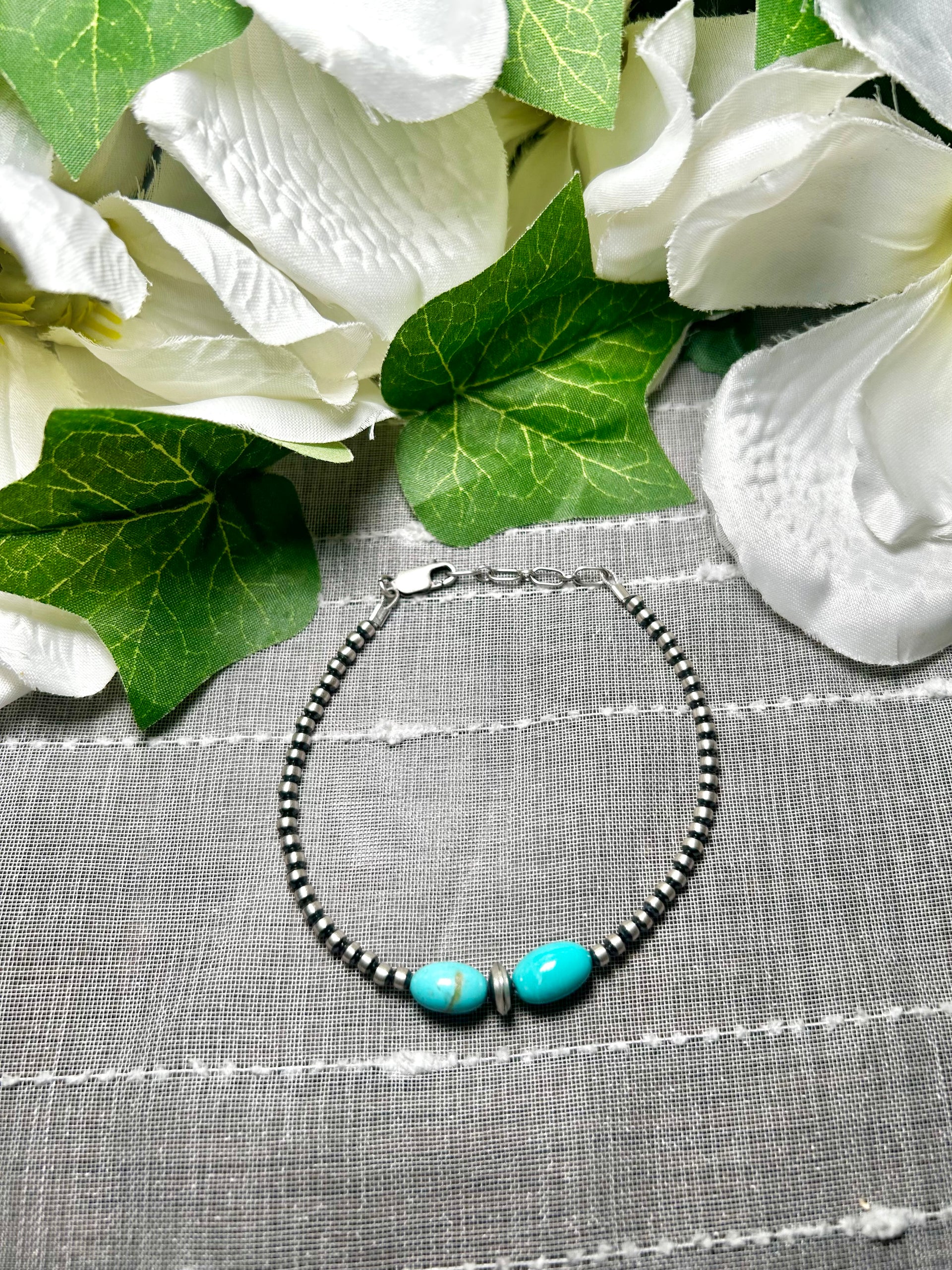 Navajo Made Strung Kingman Turquoise & Sterling Silver Bracelet