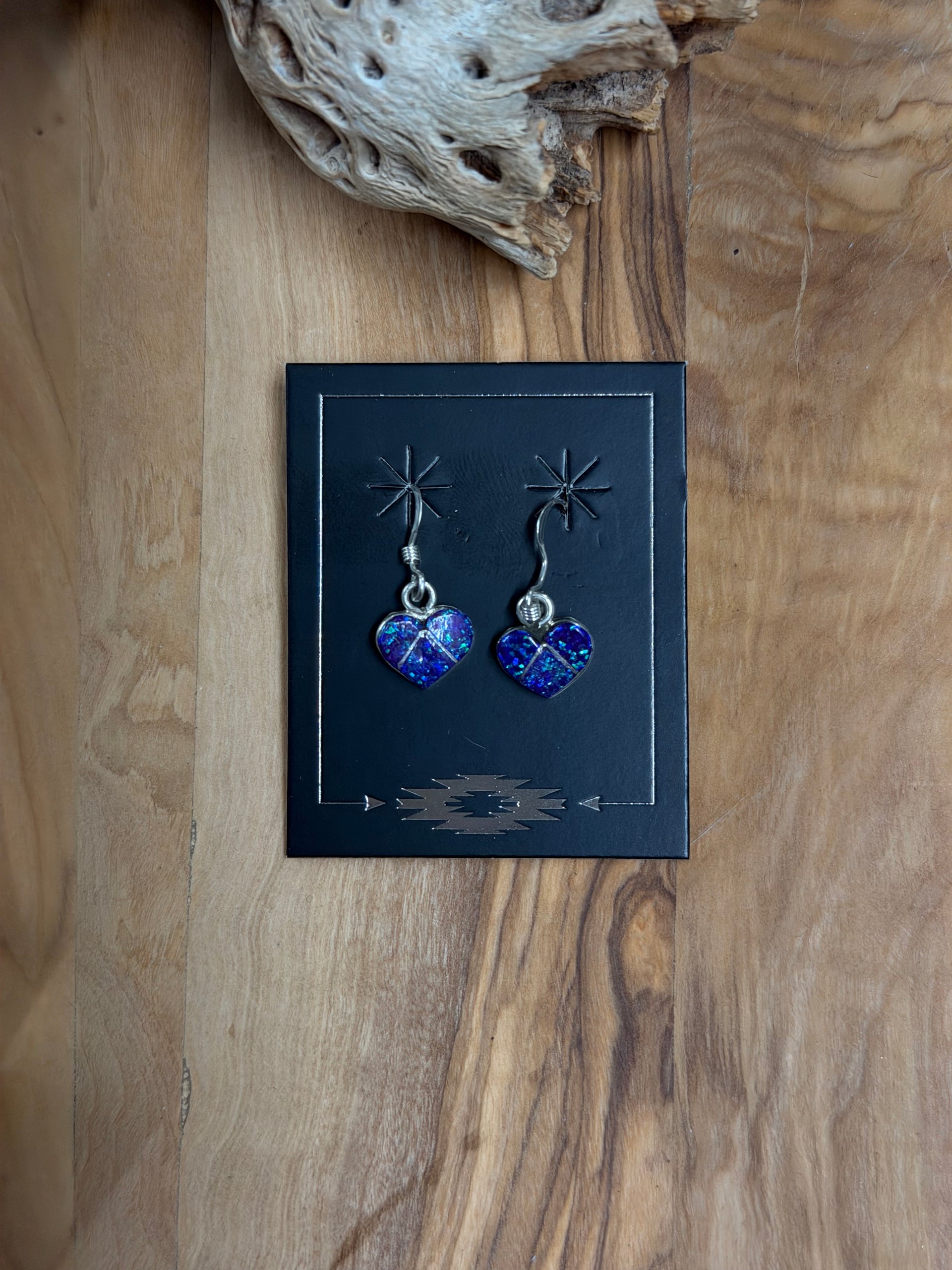 Zuni Made Opal (Man Made) & Sterling Silver Dangle Heart Earrings