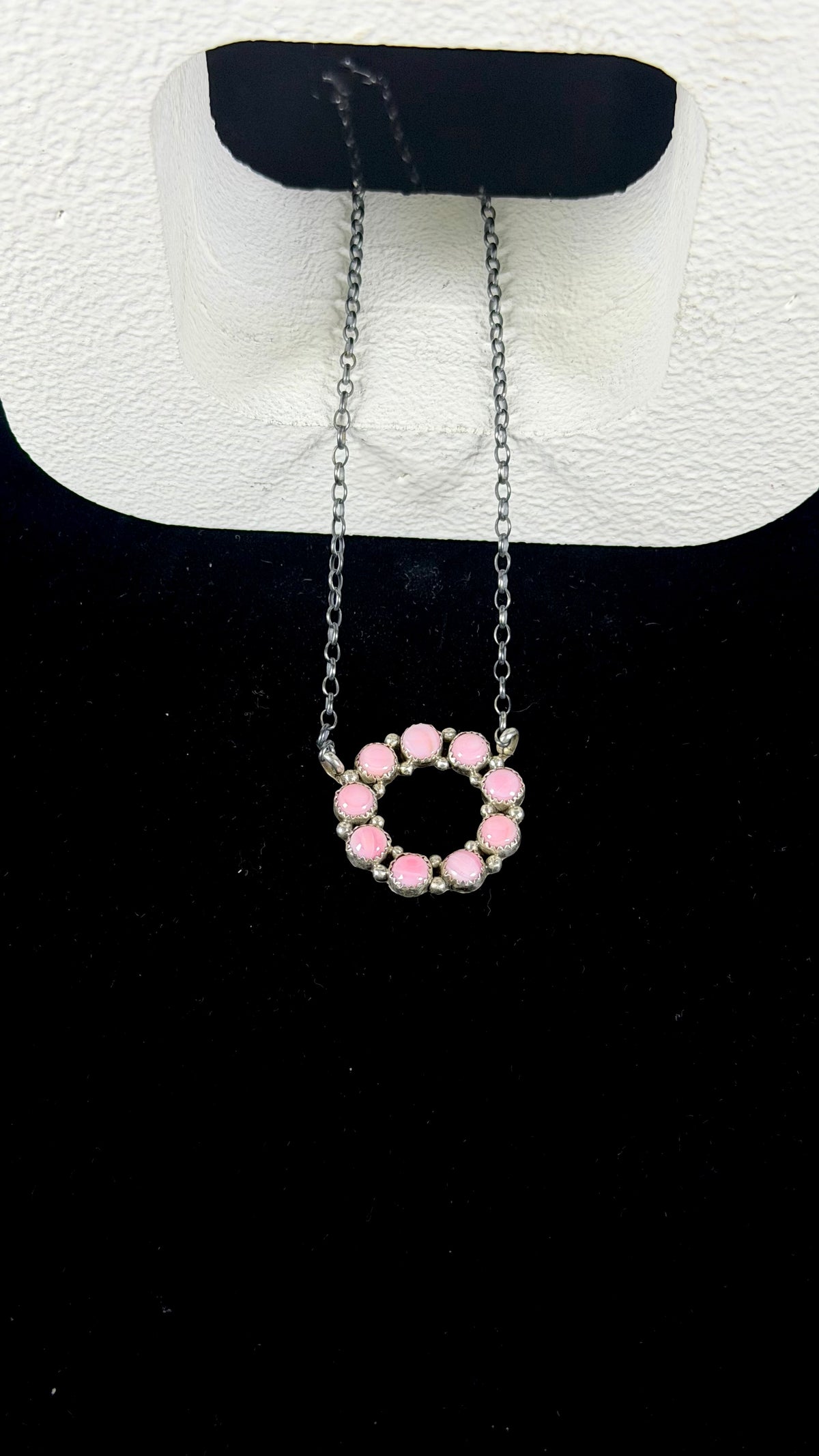 Navajo Made Pink Conch & Sterling Silver Cluster Necklace