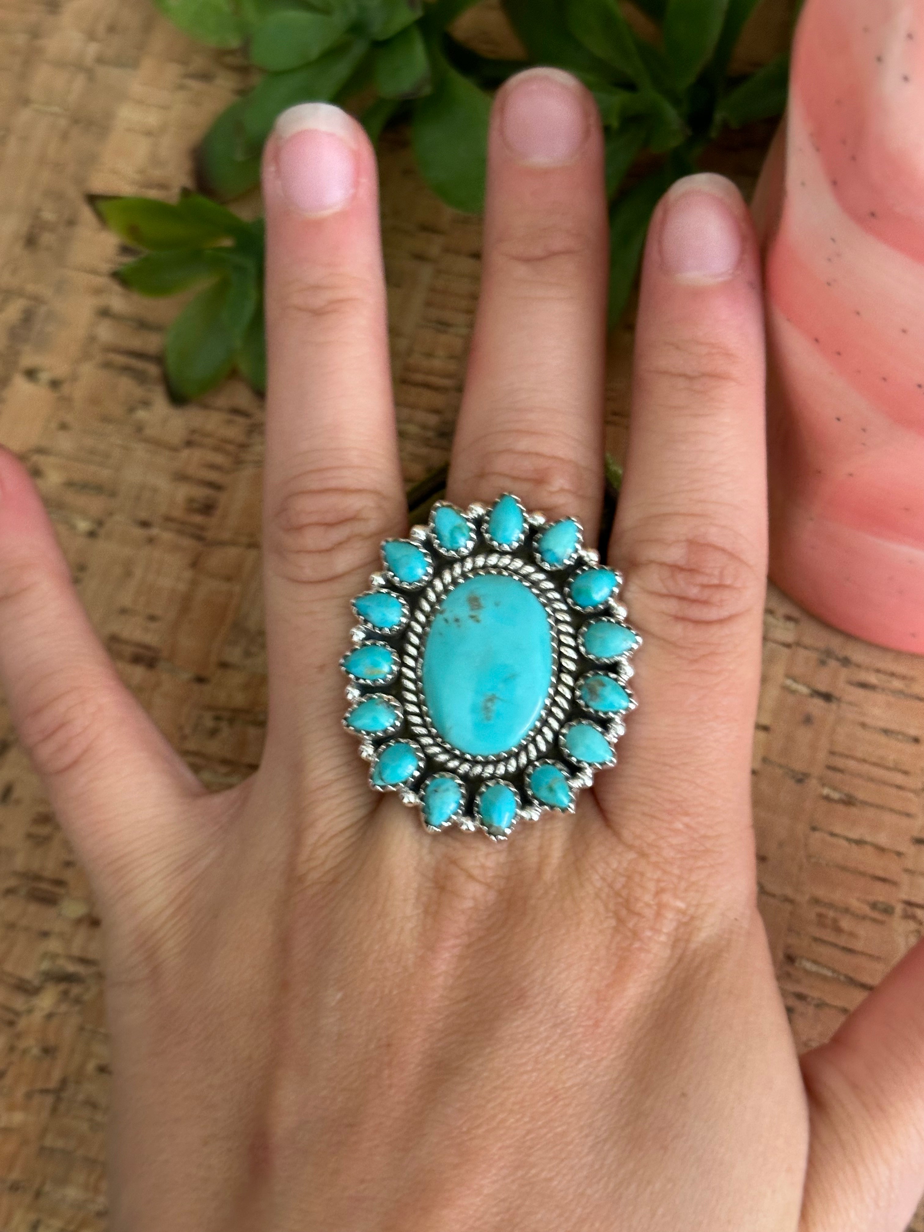 Southwest Handmade Kingman Turquoise & Sterling Silver Adjustable Cluster Ring