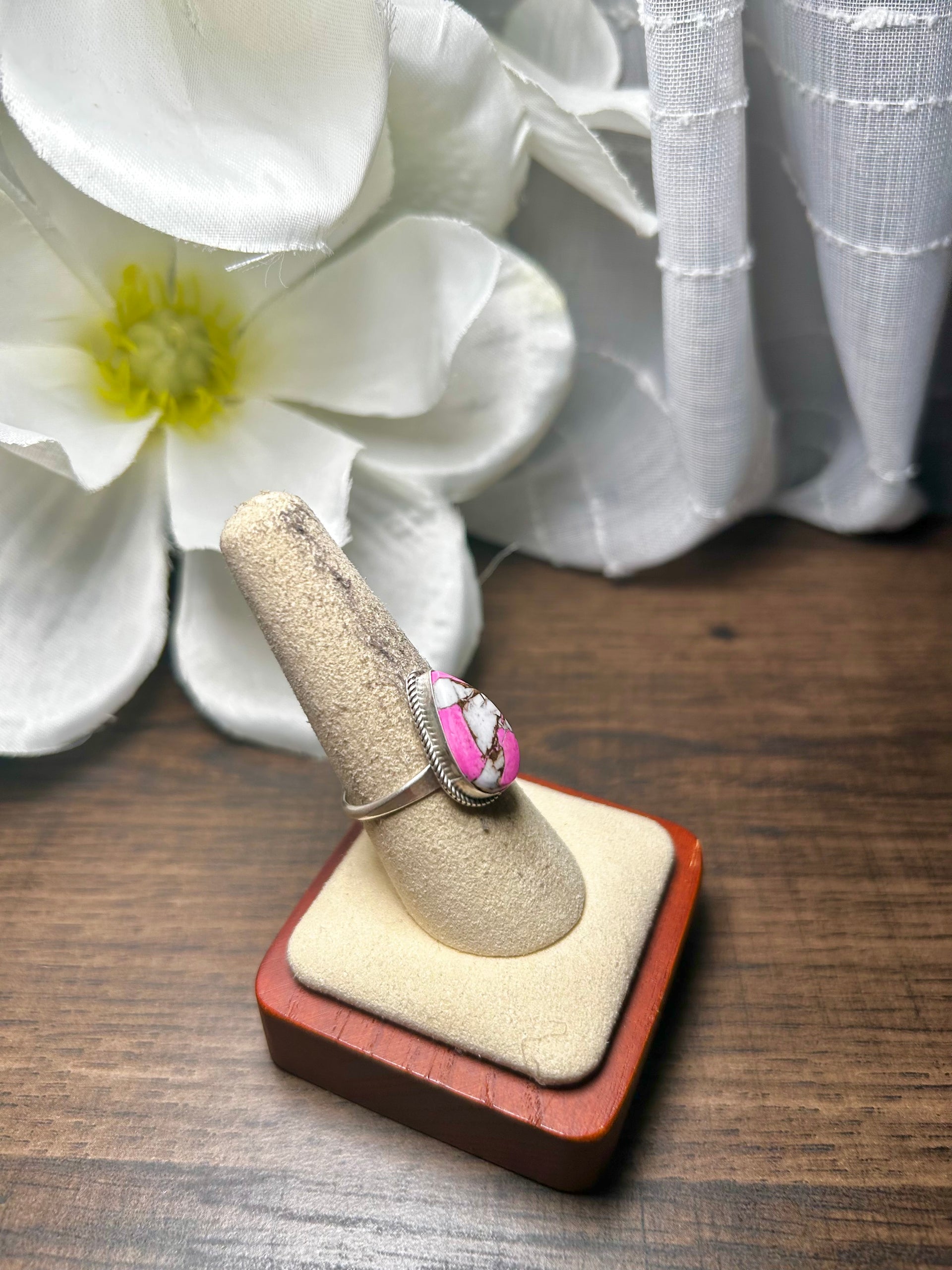 Navajo Made Cotton Candy Dahlia & Sterling Silver Ring Size 8.5