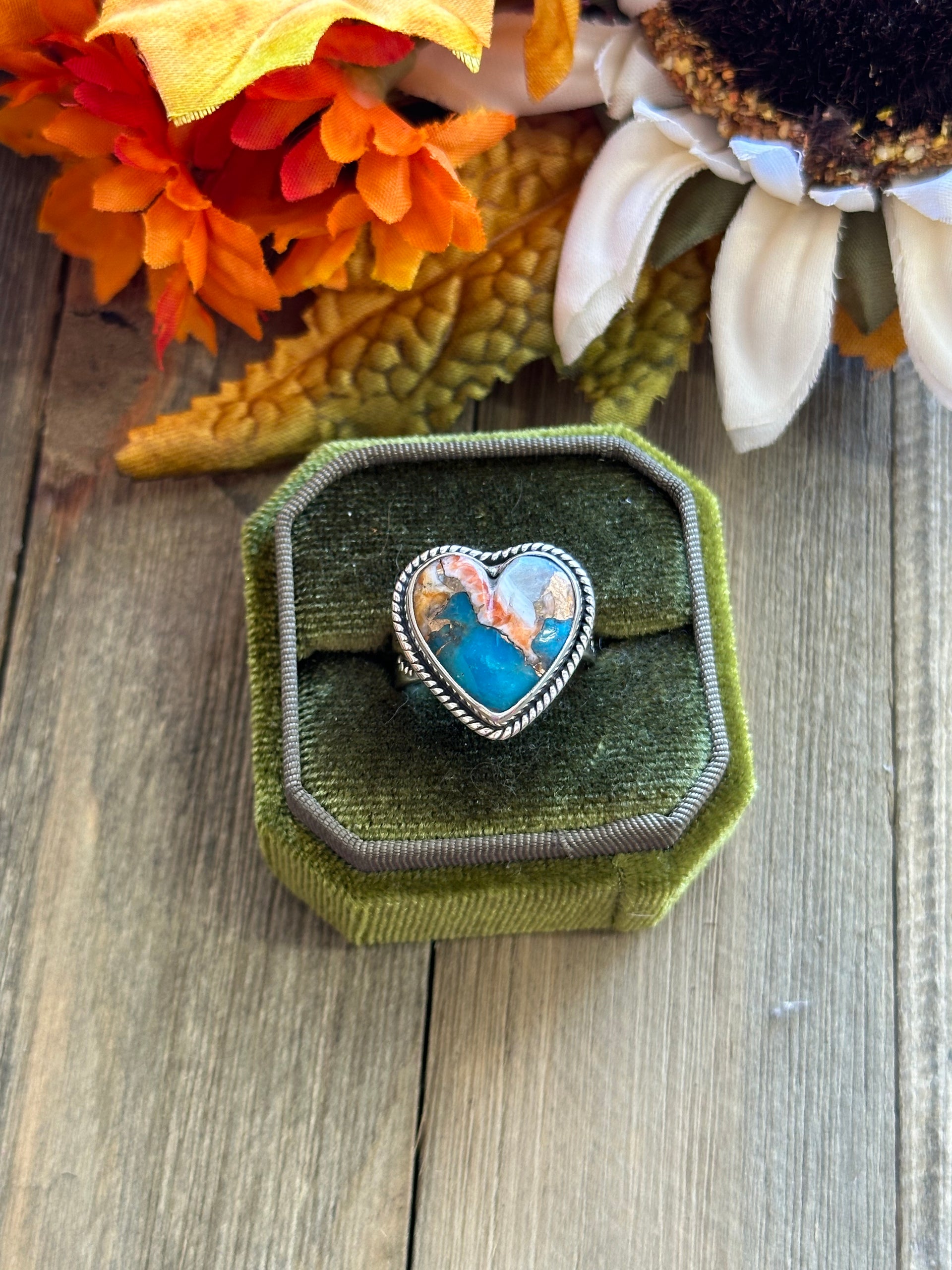 Southwest Handmade Mohave Turquoise & Sterling Silver Adjustable Heart Ring