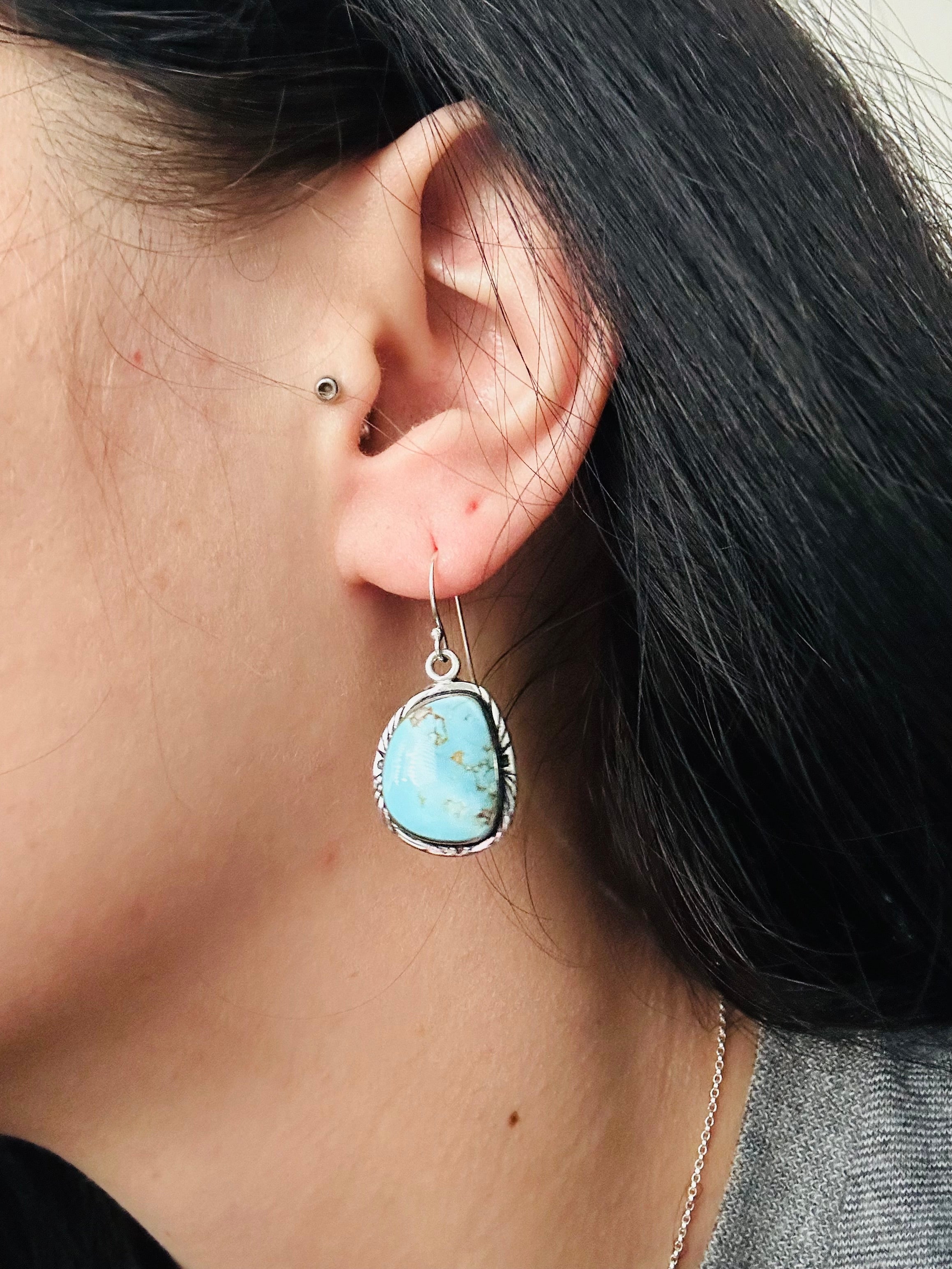 Navajo Made Dry Creek Turquoise & Sterling Silver Dangle Earrings