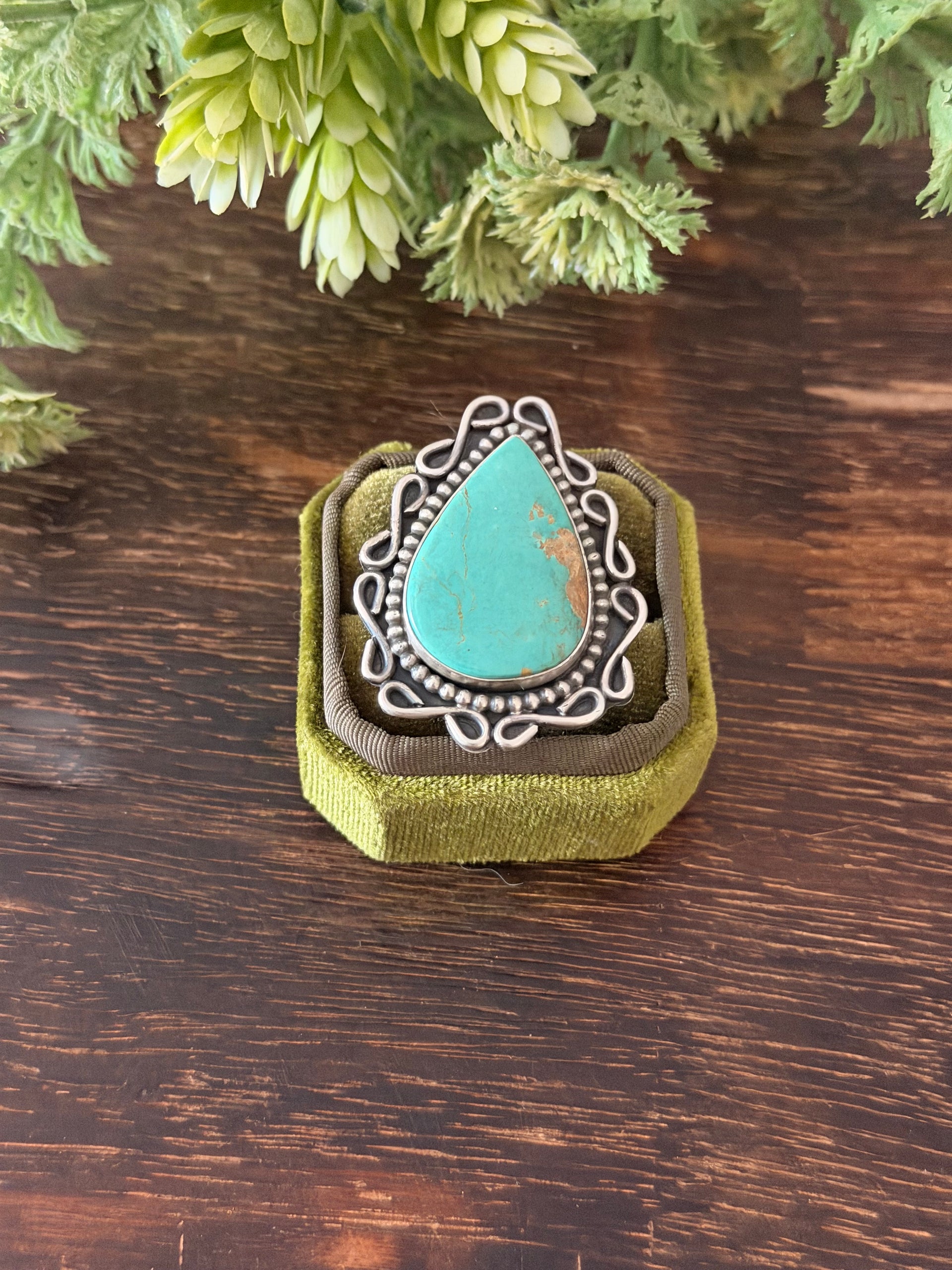 Navajo Made Kingman Turquoise & Sterling Silver Adjustable Ring