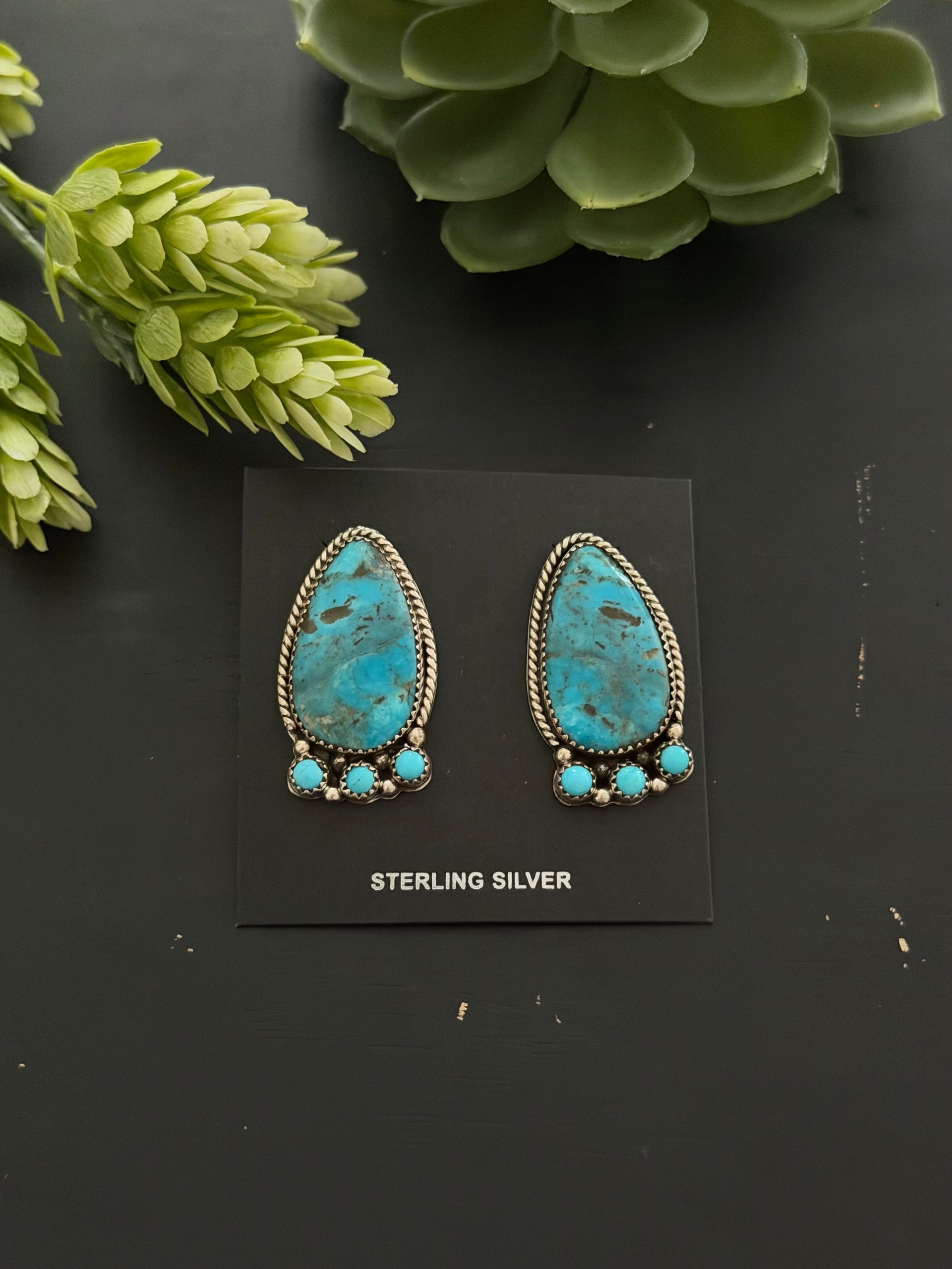 Navajo Made Multi Stone & Sterling Silver Post Dangle Cluster Earrings