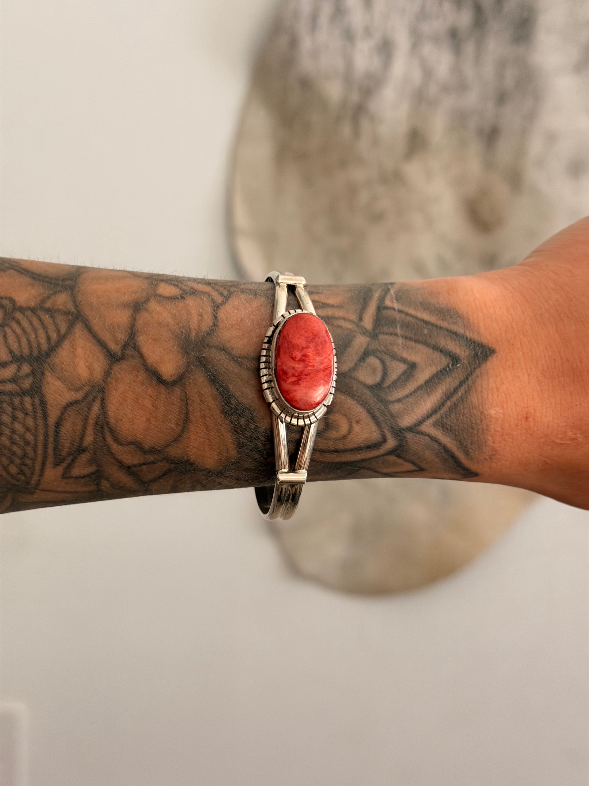 Navajo Made Red Spiny Oyster & Sterling Silver Cuff Bracelet