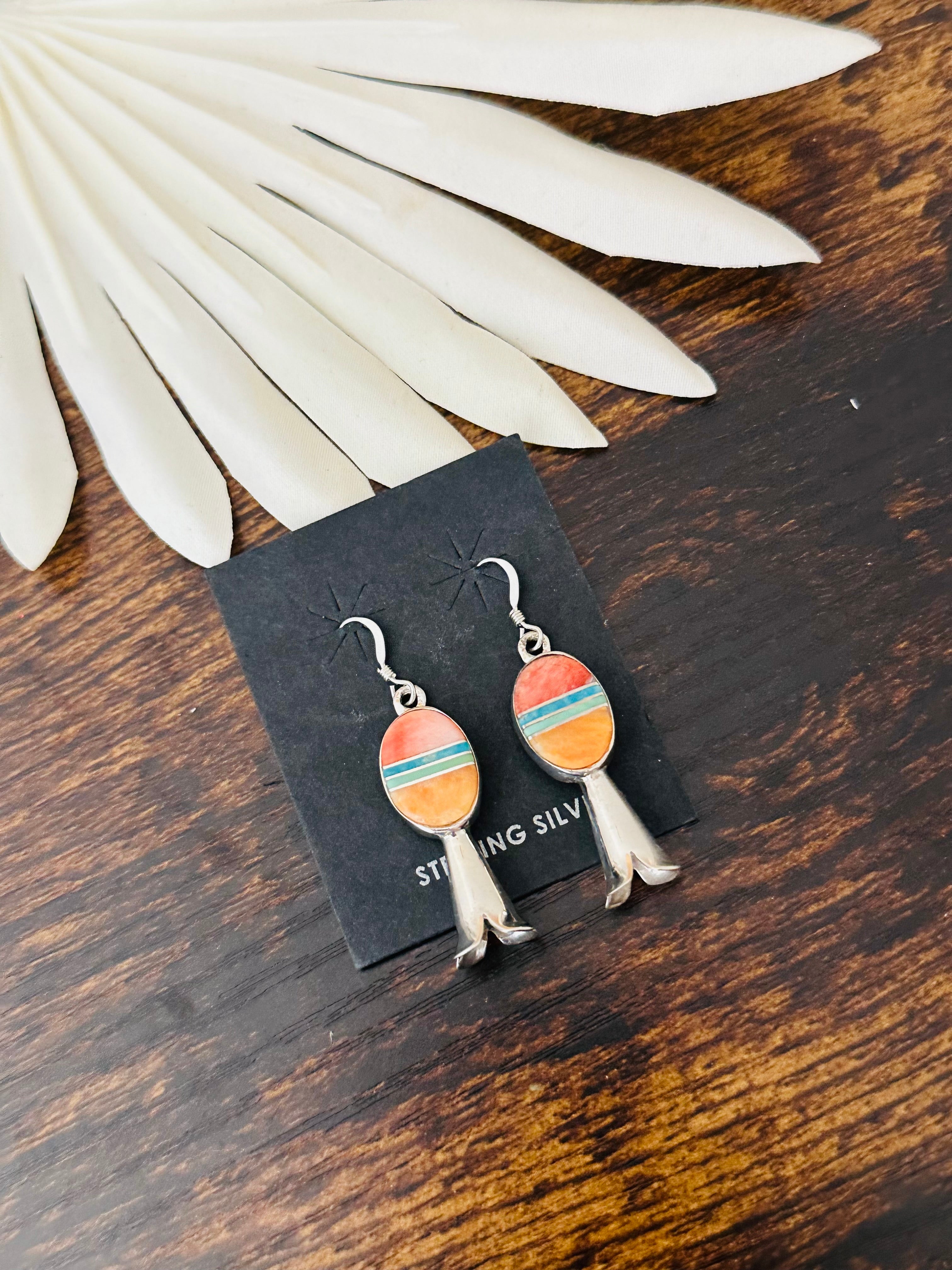 Navajo Made Multi Stone & Sterling Silver Inlay Blossom Dangle Earrings