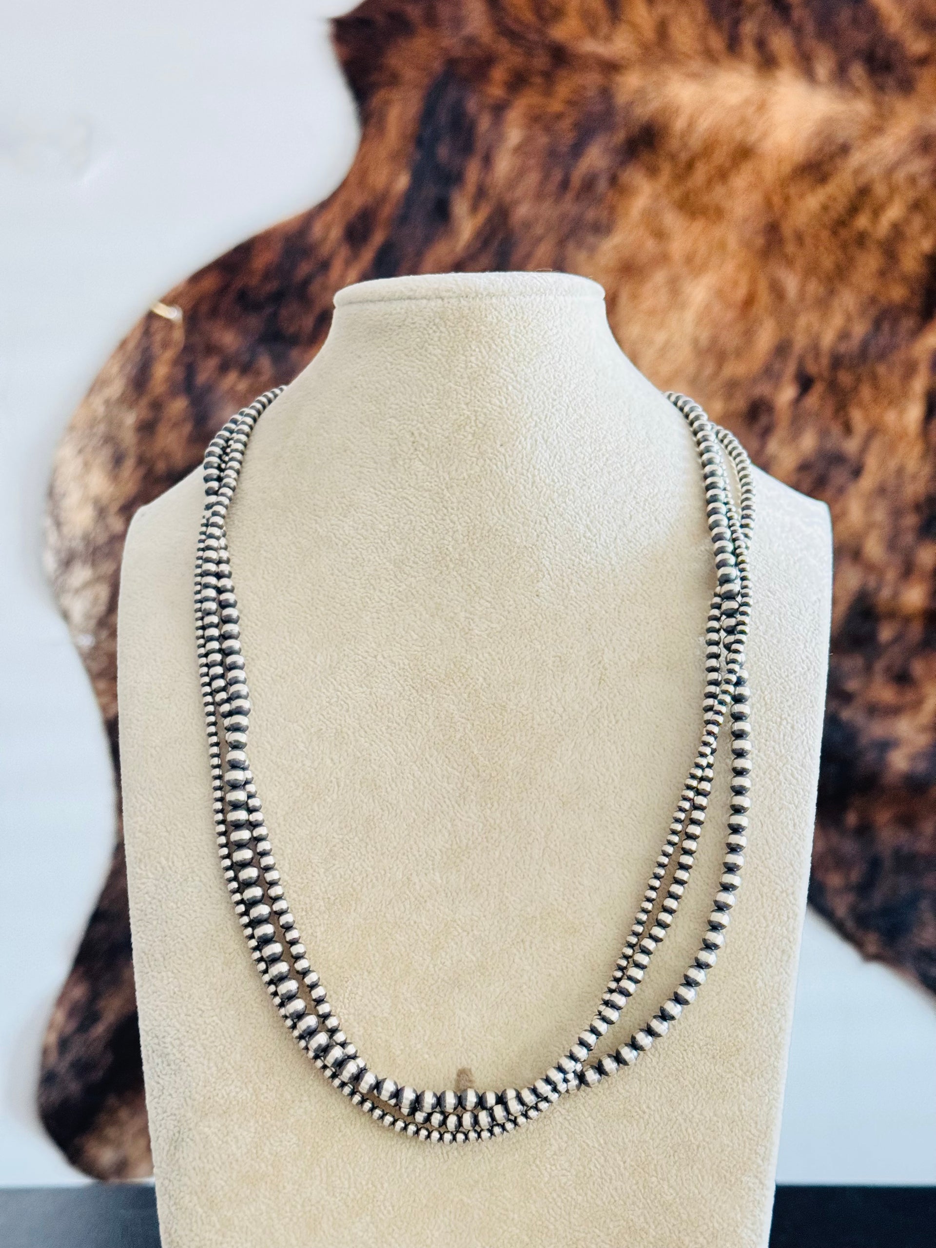 Navajo Strung 3 Strand Sterling Silver Pearls Beaded Necklace