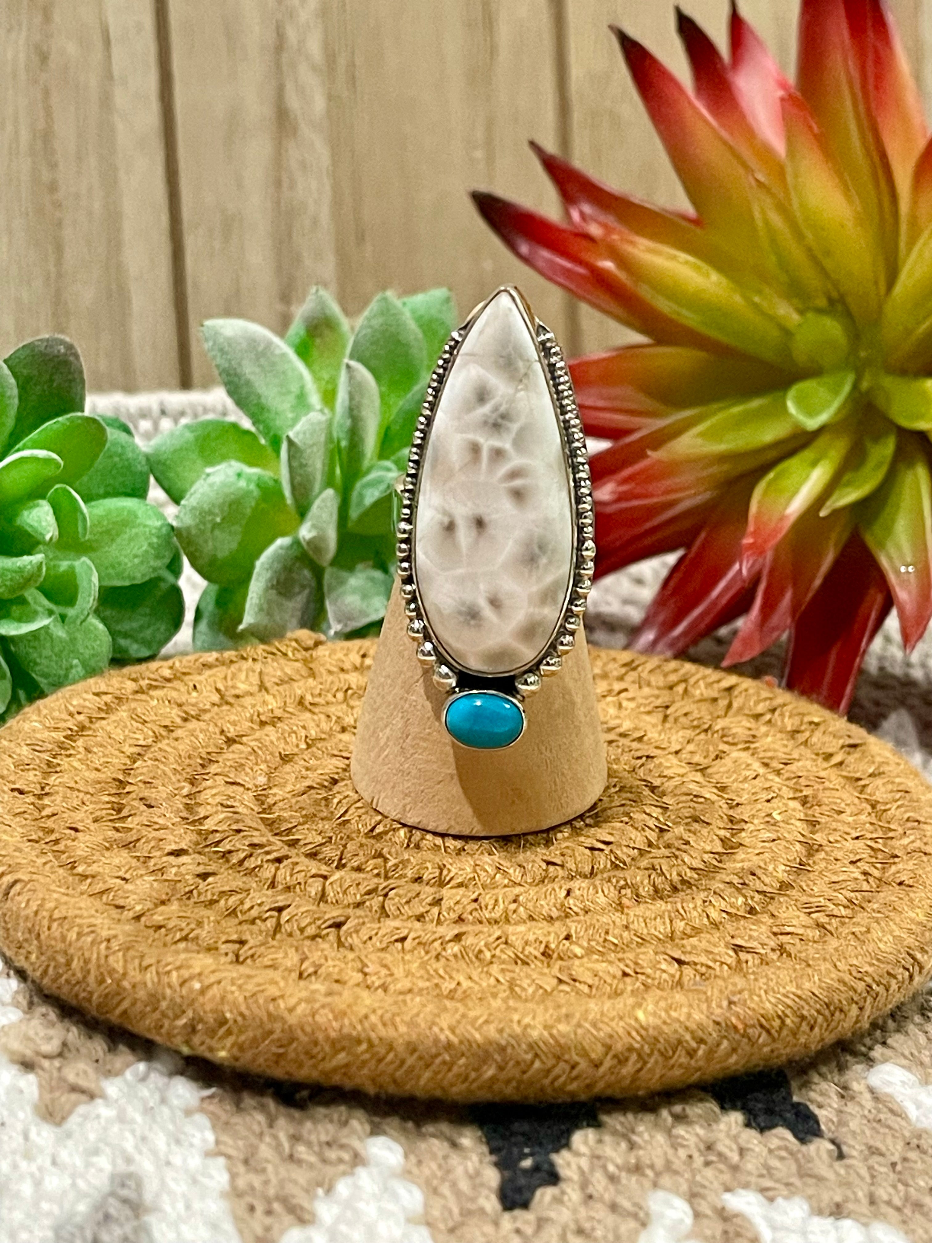 Southwest Handmade Pink Larimar With Kingman Turquoise & Sterling Silver Adjustable Ring