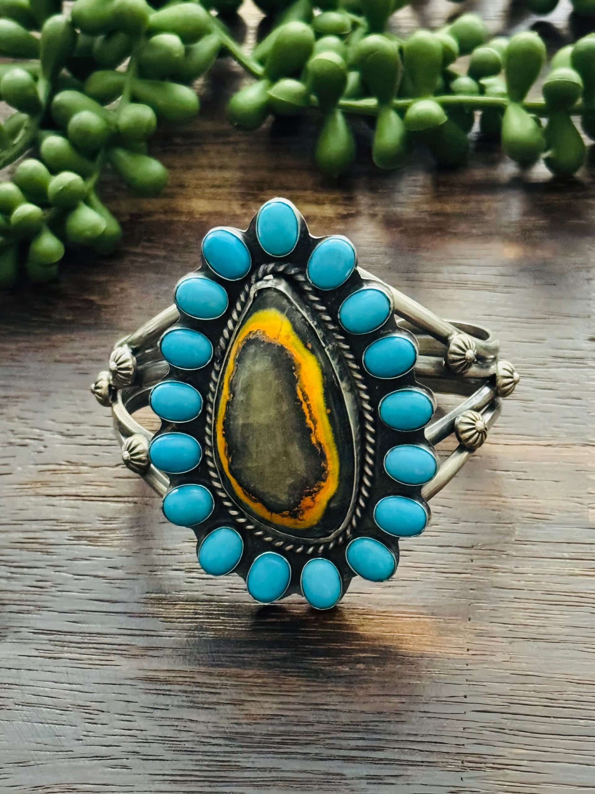 Navajo Made Multi Stone & Sterling Silver Cluster Cuff Bracelet