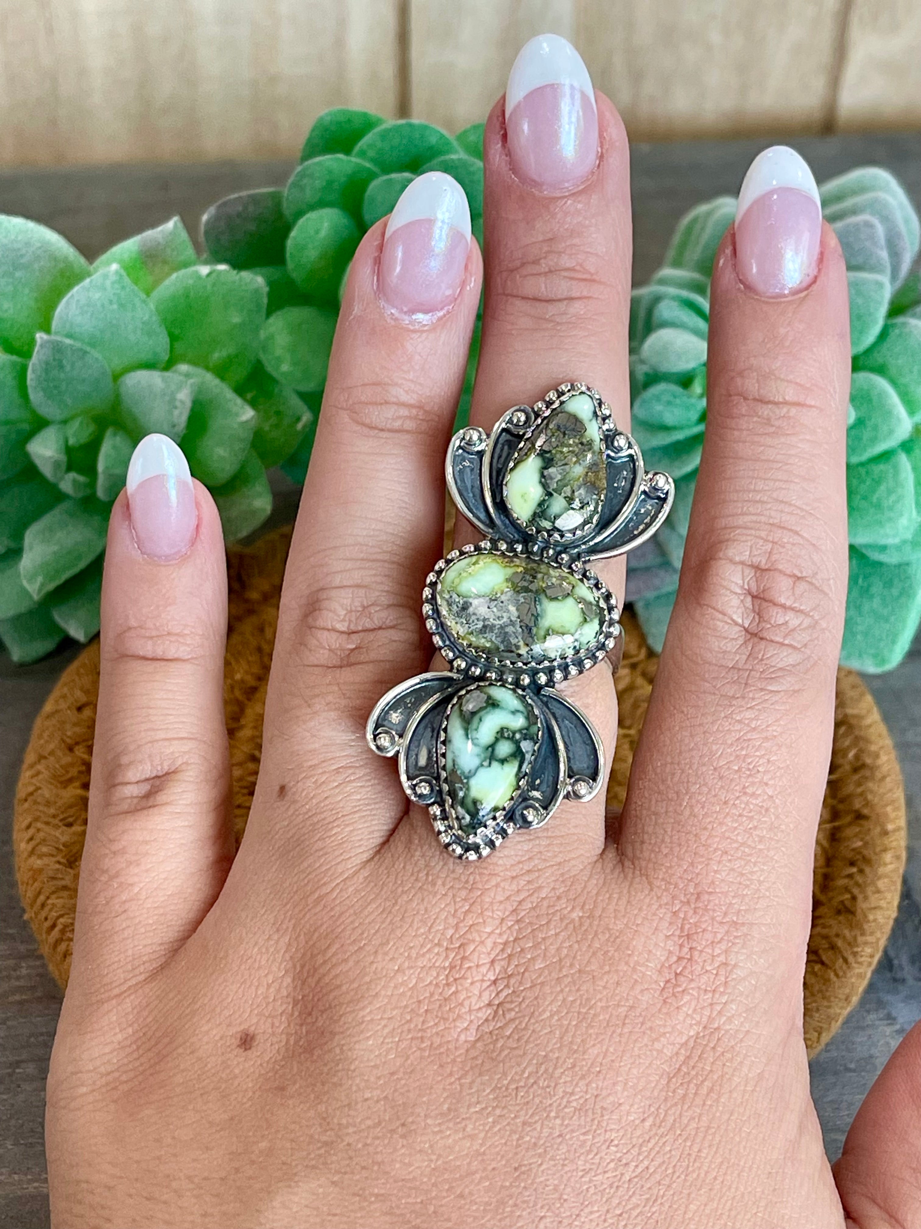 Southwest Handmade Palomino Variscite & Sterling Silver Adjustable 3 Stone Ring