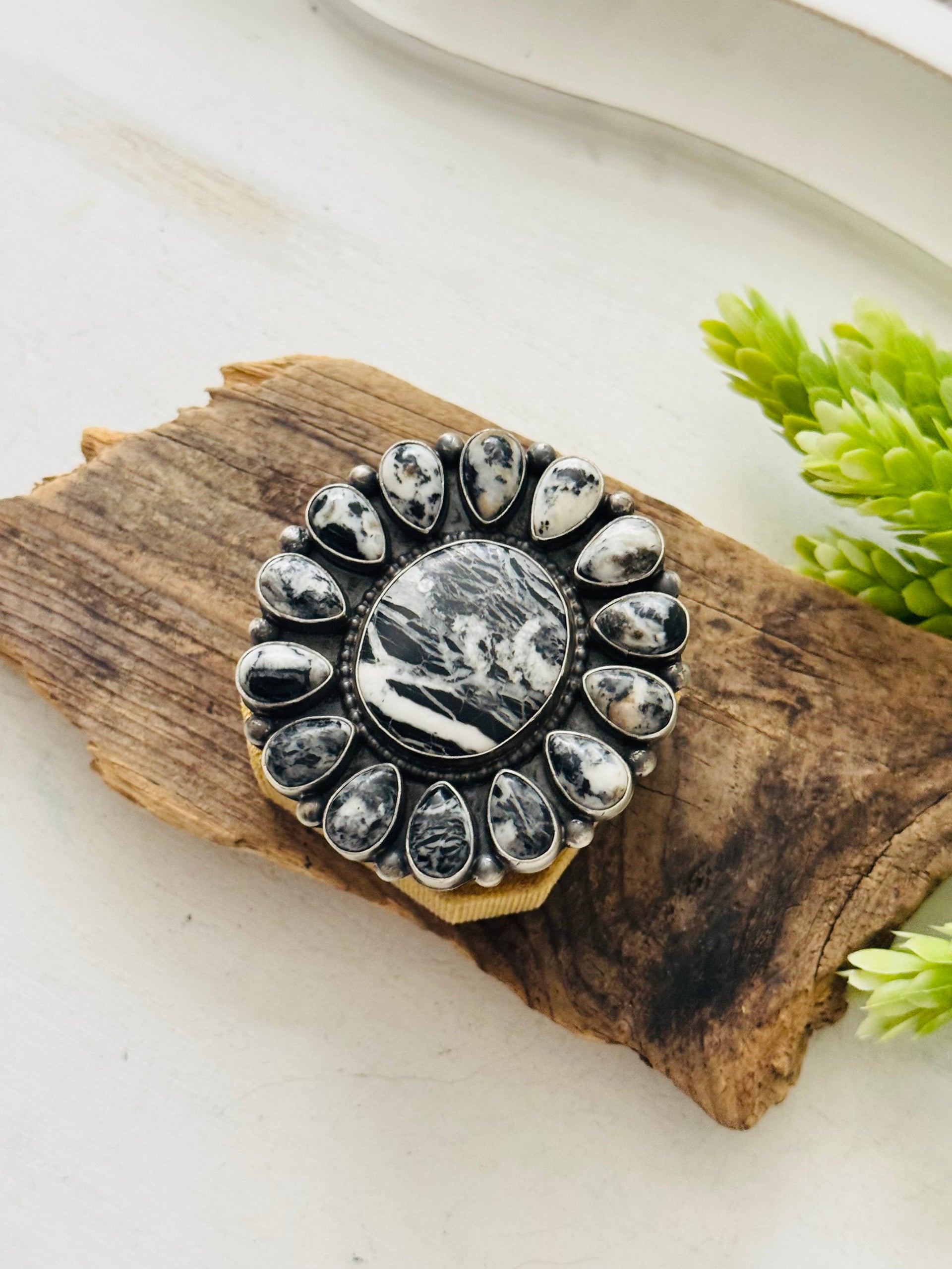 Tim Yazzie White Buffalo & Sterling Silver Cluster Ring Size 7.75