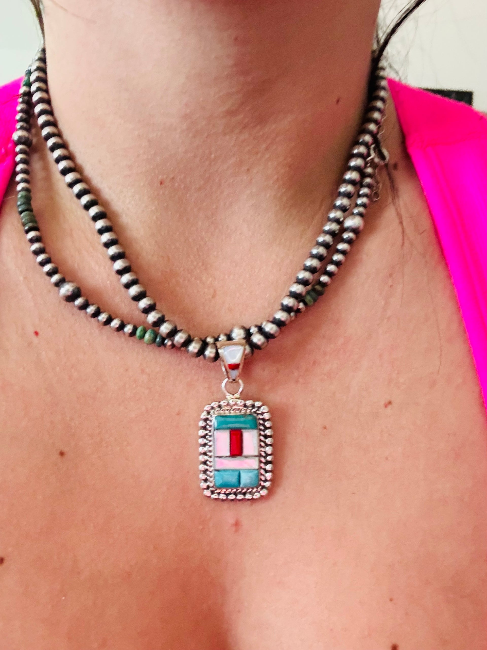 Southwest Multi Stone & Sterling Silver Cobblestone Pendant