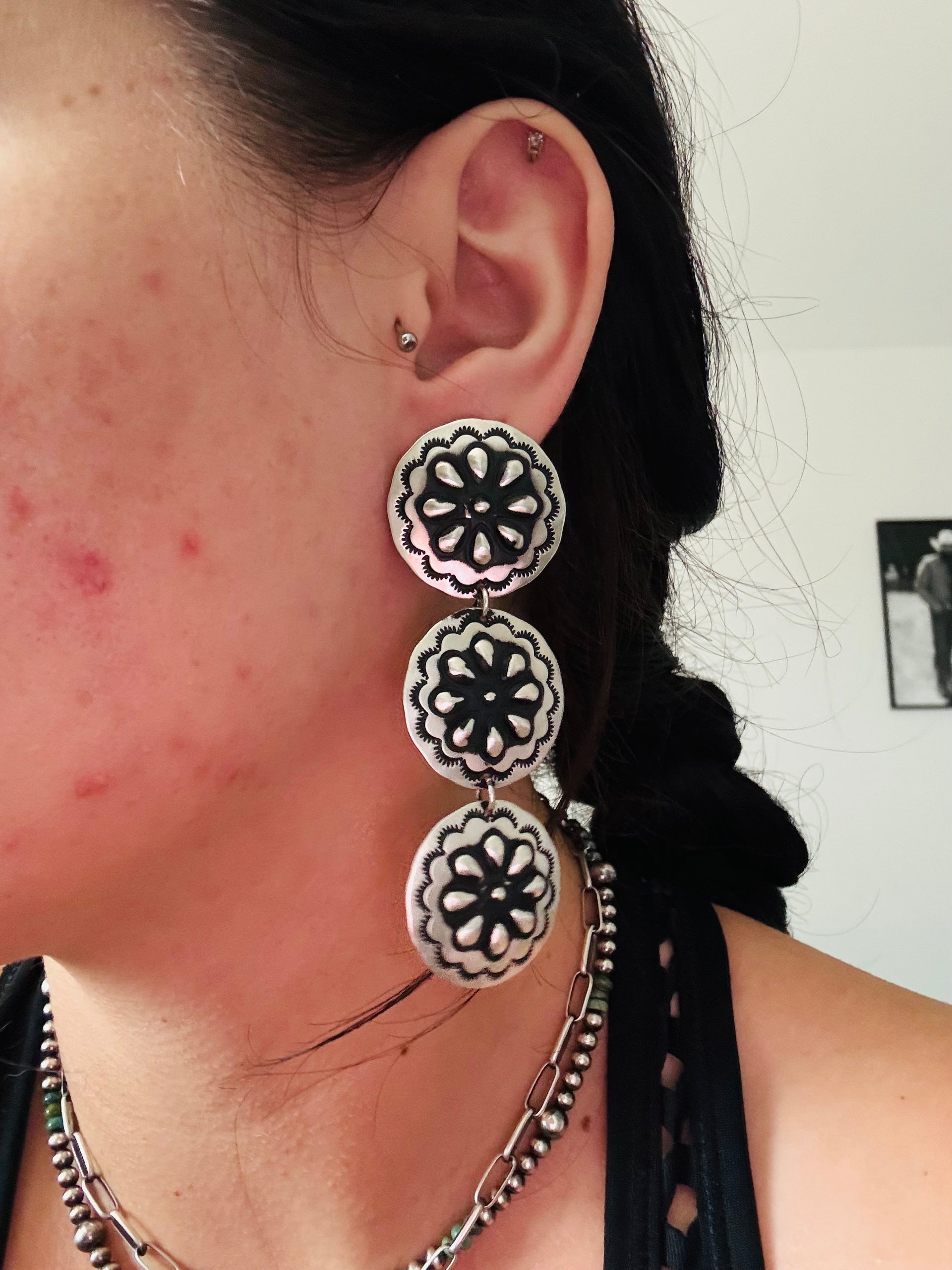 Navajo Made Sterling Silver Post Dangle Concho Earrings