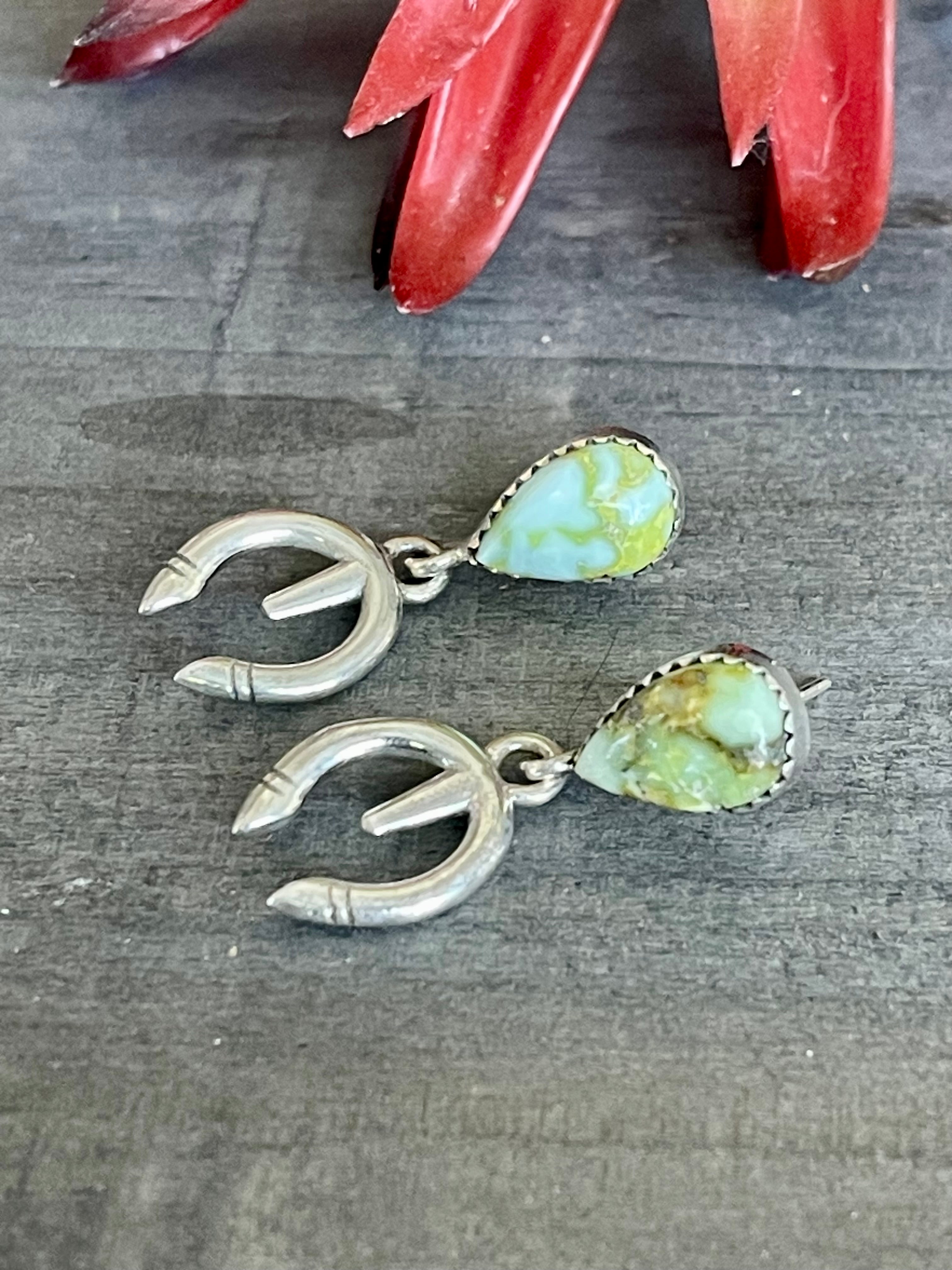 Southwest Handmade Palomino Variscite & Sterling Silver Post Dangle Naja Earrings