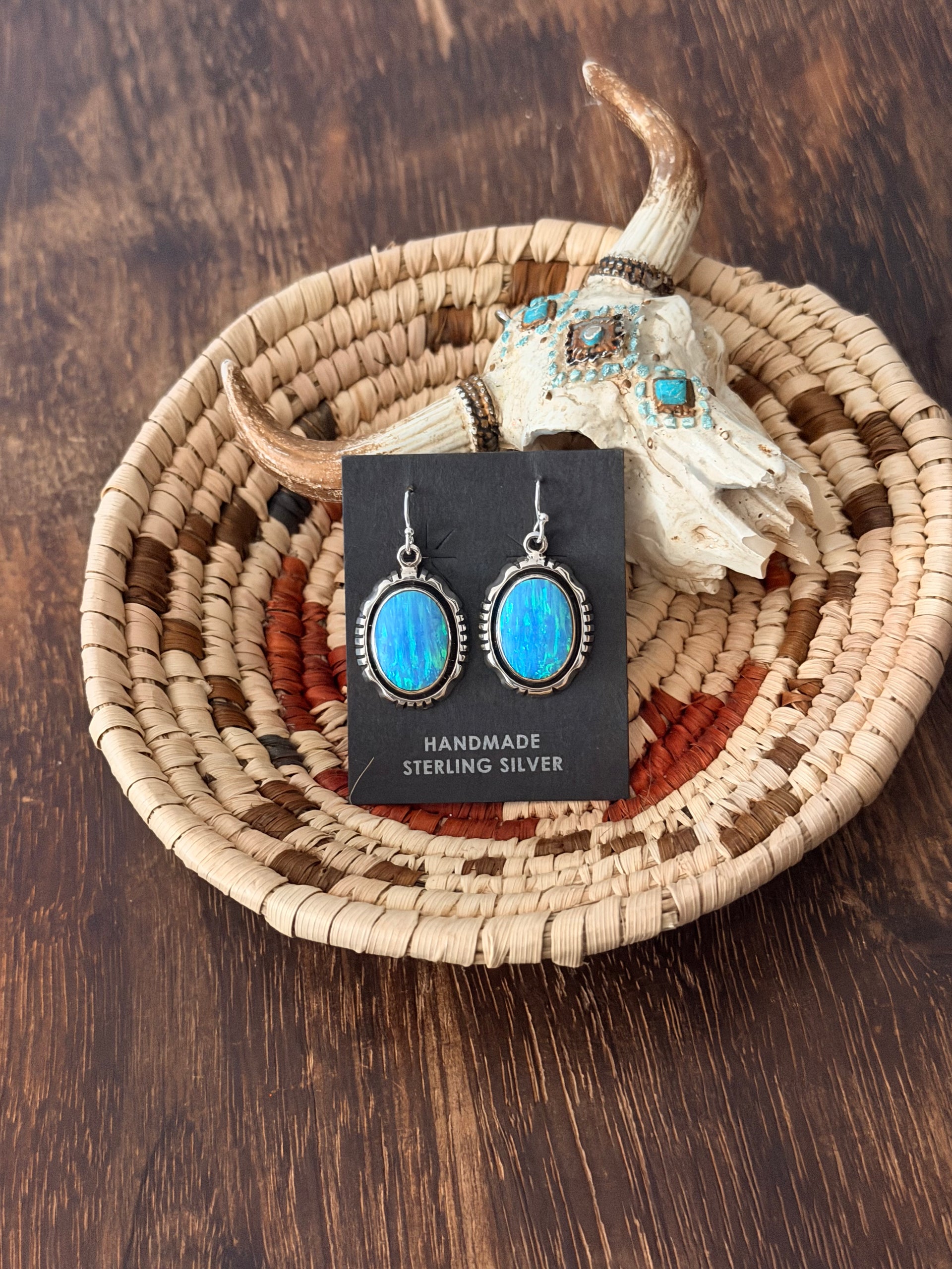 Navajo Made Opal (Man Made) & Sterling Silver Dangle Earrings