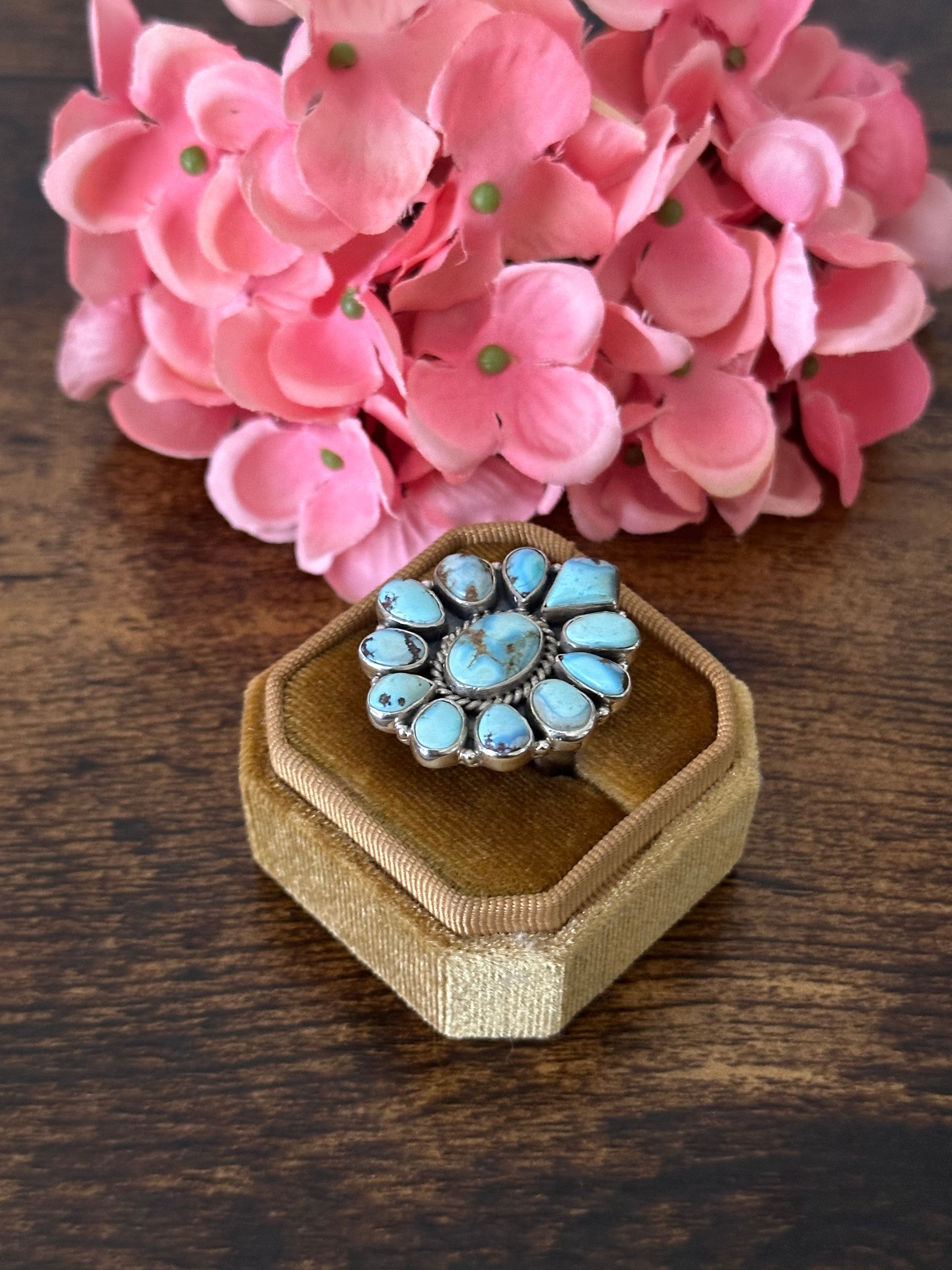 Southwest Handmade Golden Hills Turquoise & Sterling Silver Cluster Adjustable Ring