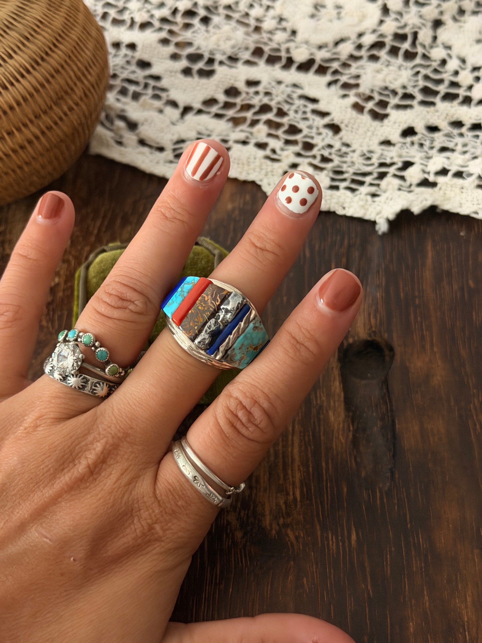 Alvin Yellowhorse High Grade Multi Stone & Meteorite & Sterling Silver Inlay Ring Size 9