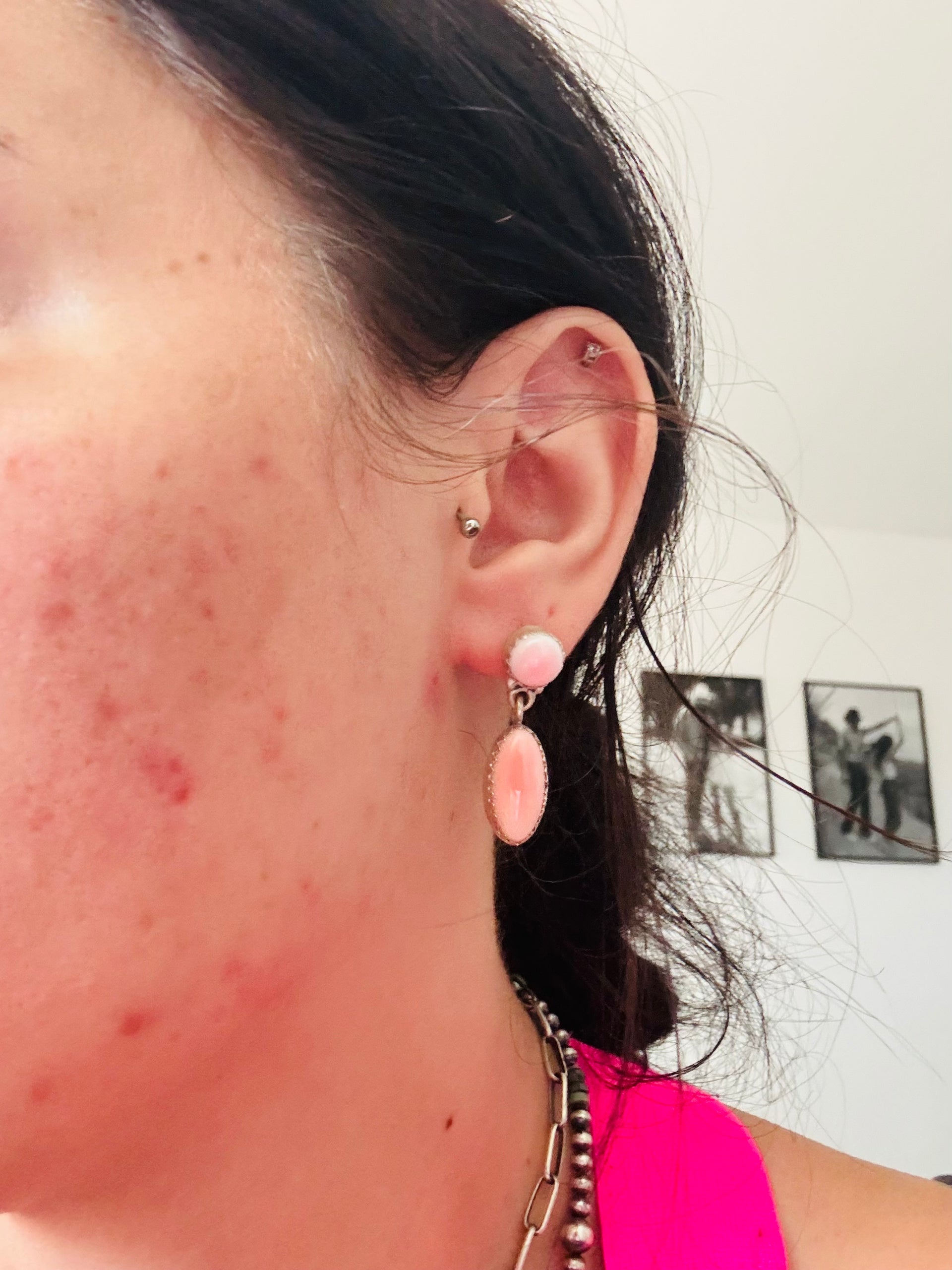 Southwest Made Pink Conch & Sterling Silver Post Dangle Earrings