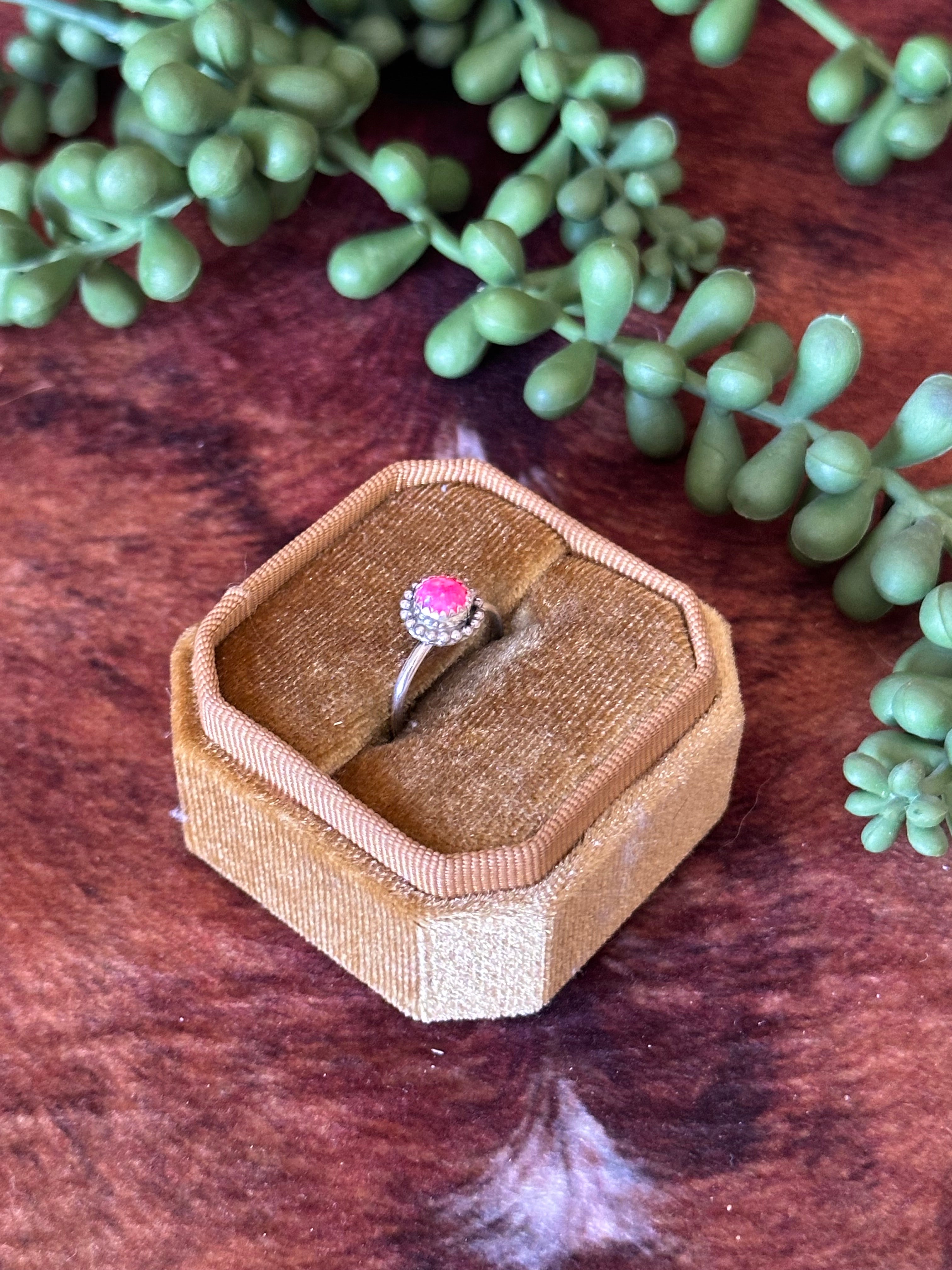 Navajo Made Pink Opal (Man-Made) & Sterling Silver Ring