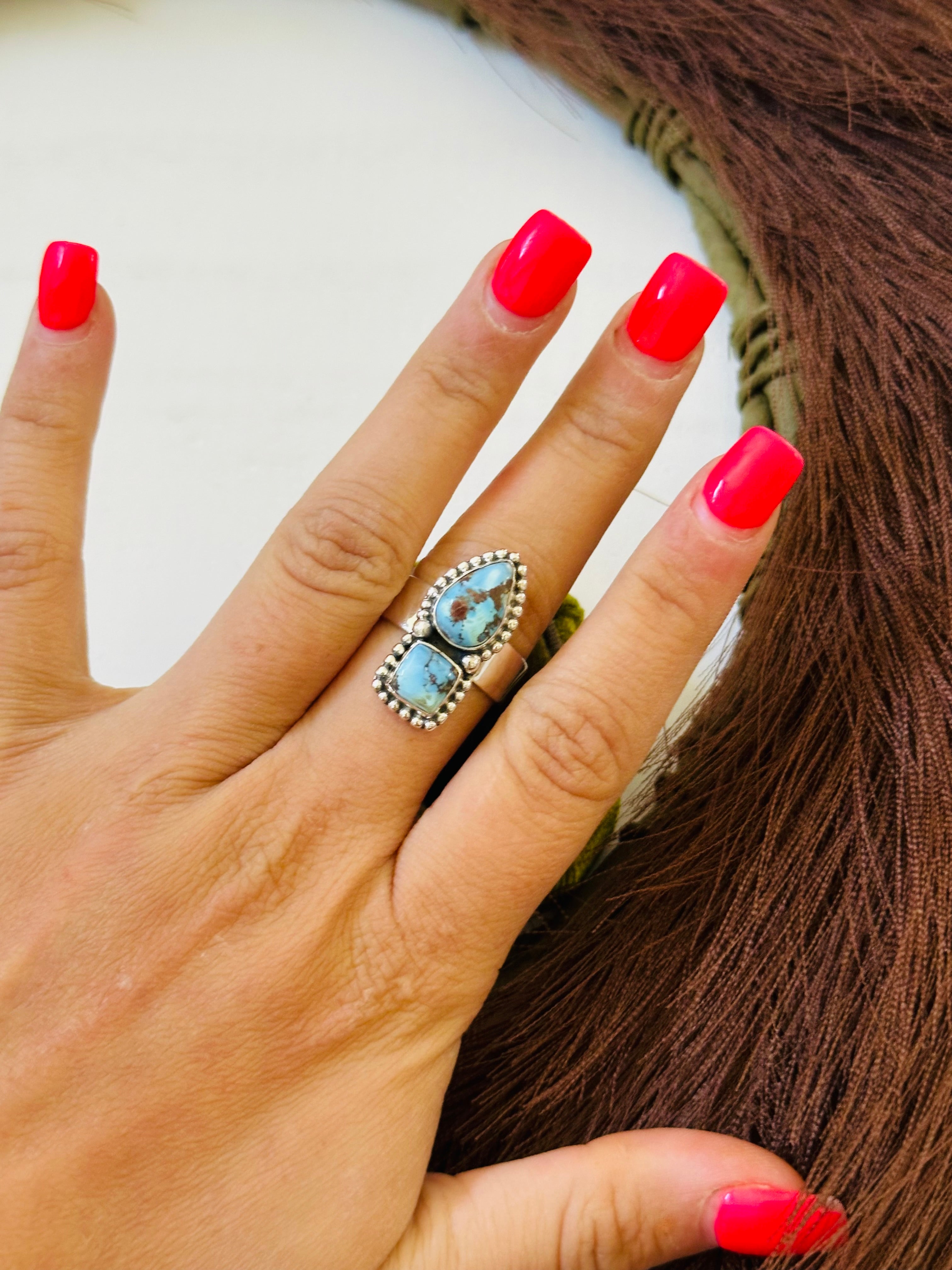 Southwest Handmade Golden Hills Turquoise & Sterling Silver Ring Size 8