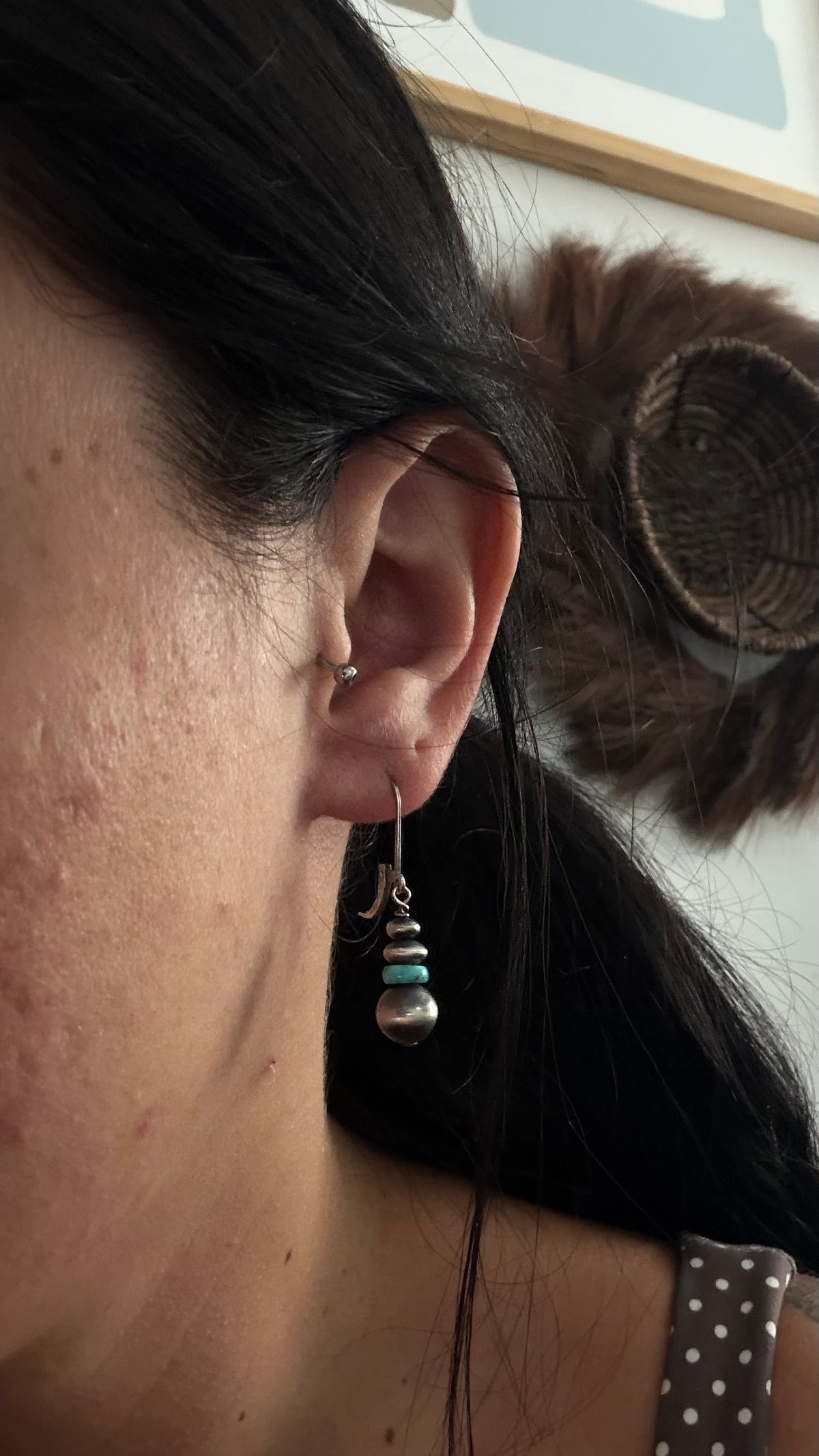 Mary Salazar Kingman Turquoise & Sterling Silver Machine Made Pearl Dangle Earrings