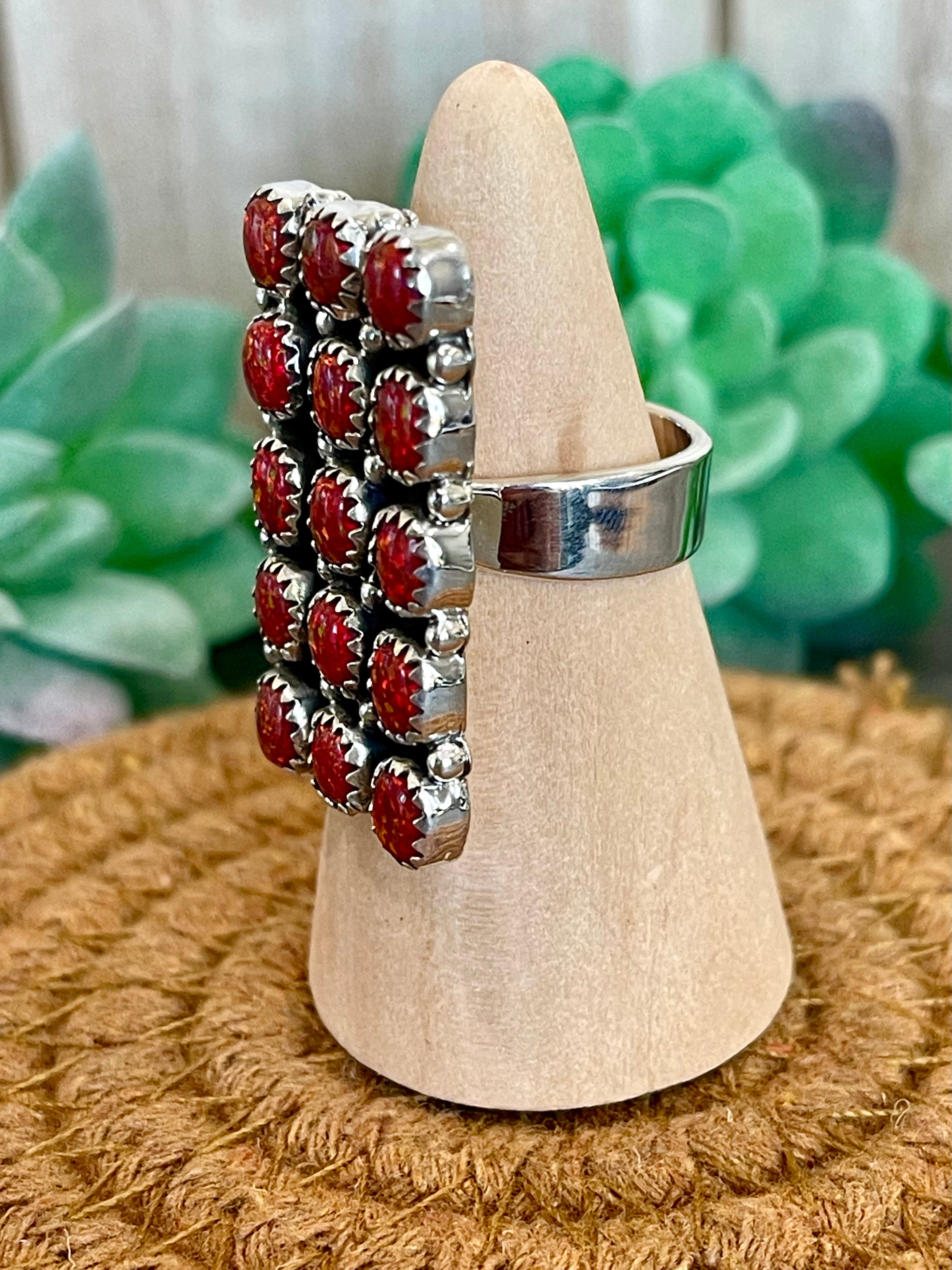 Southwest Handmade Red Opal & Sterling Silver Adjustable Cluster Ring