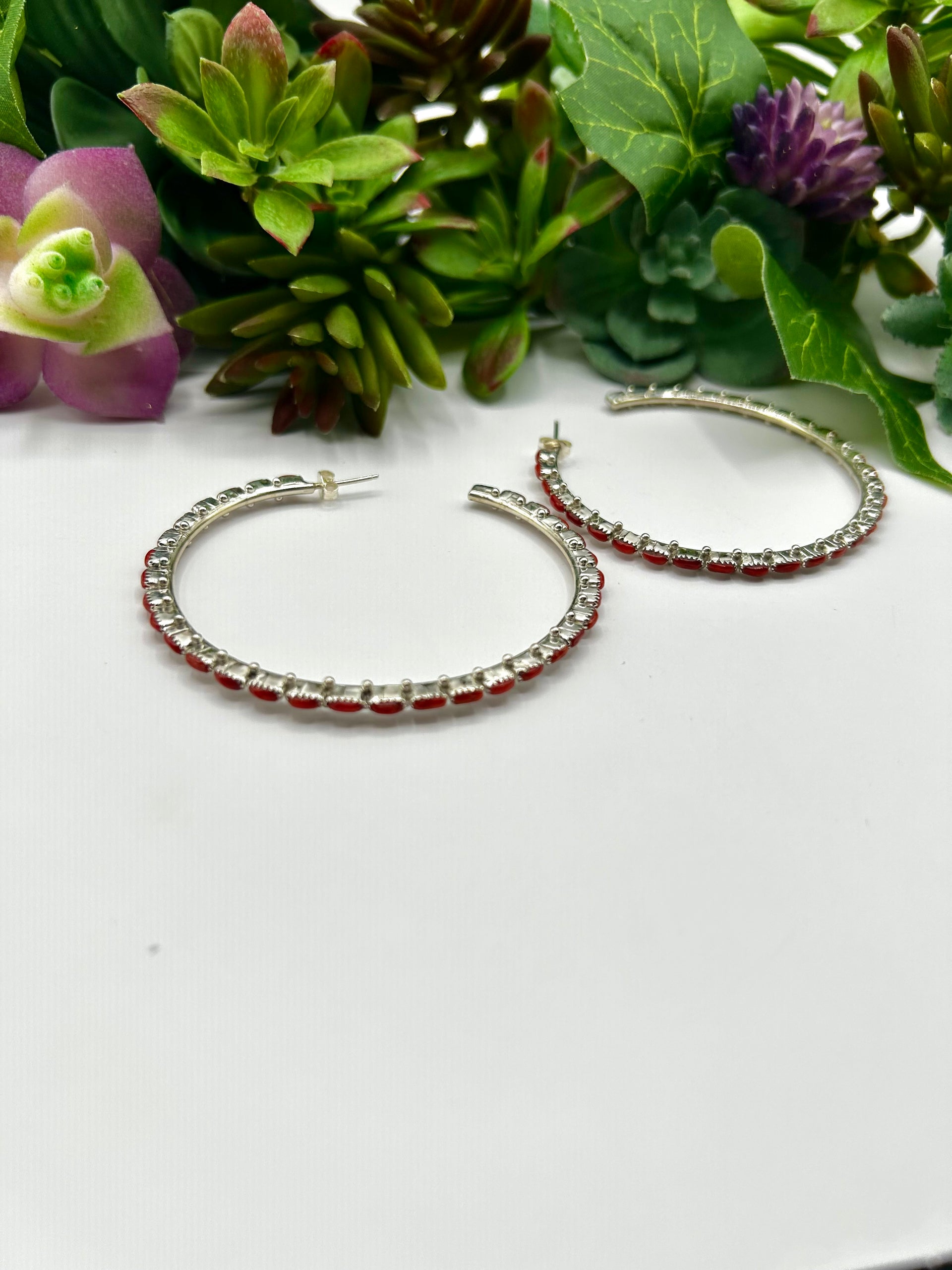 Zuni Made Coral & Sterling Silver Post  Earrings