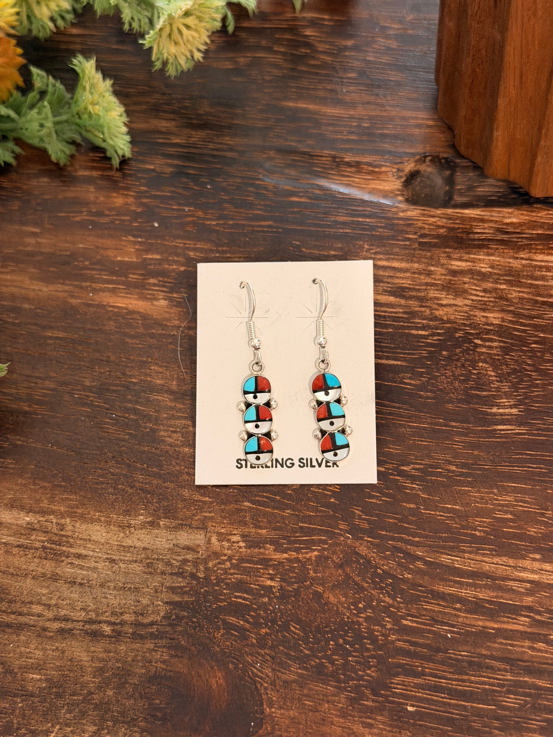 Zuni Made Multi Stone & Sterling Silver Inlay Sunface Dangle Earrings