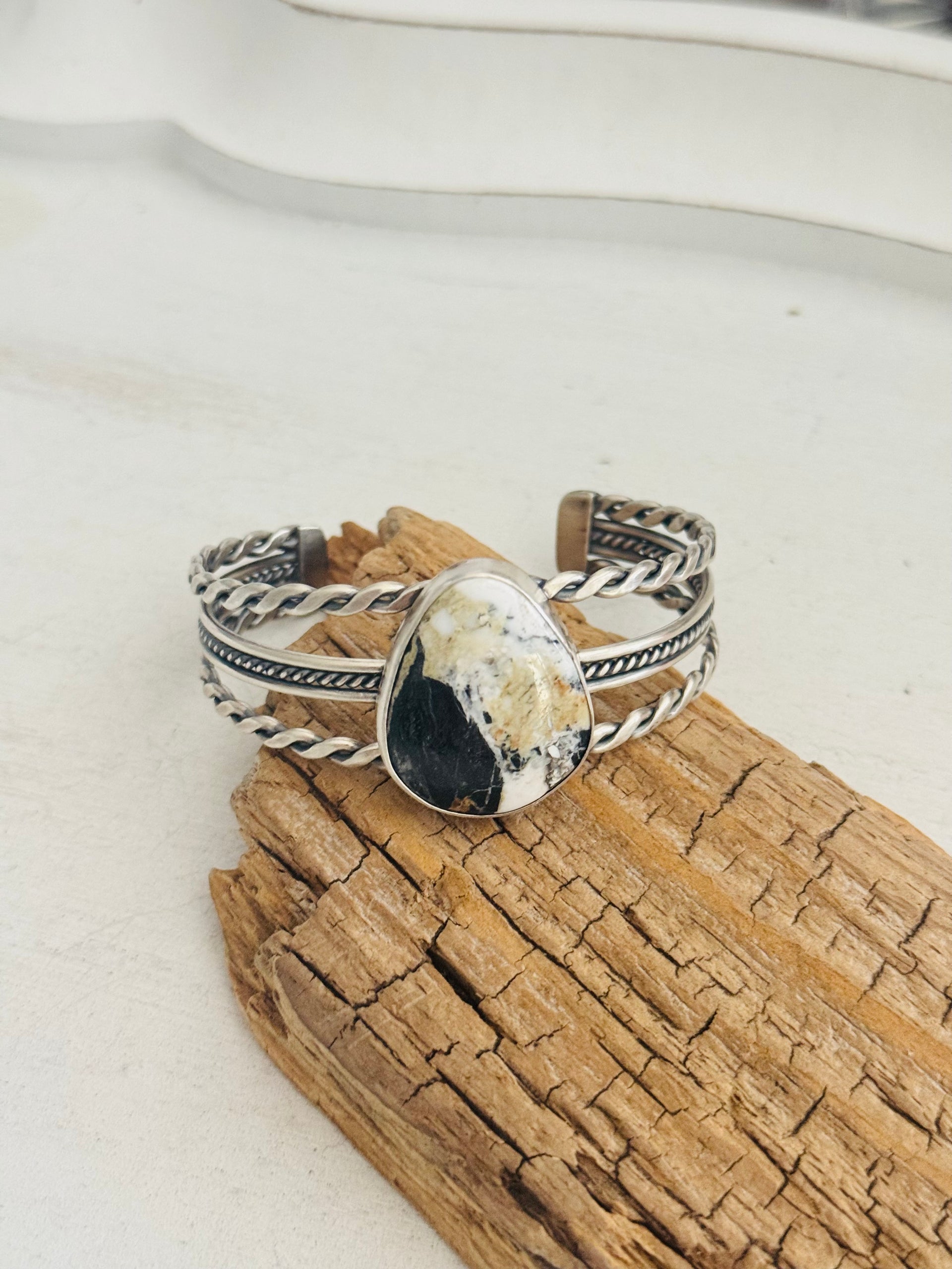 Navajo Made White Buffalo & Sterling Silver Cuff Bracelet