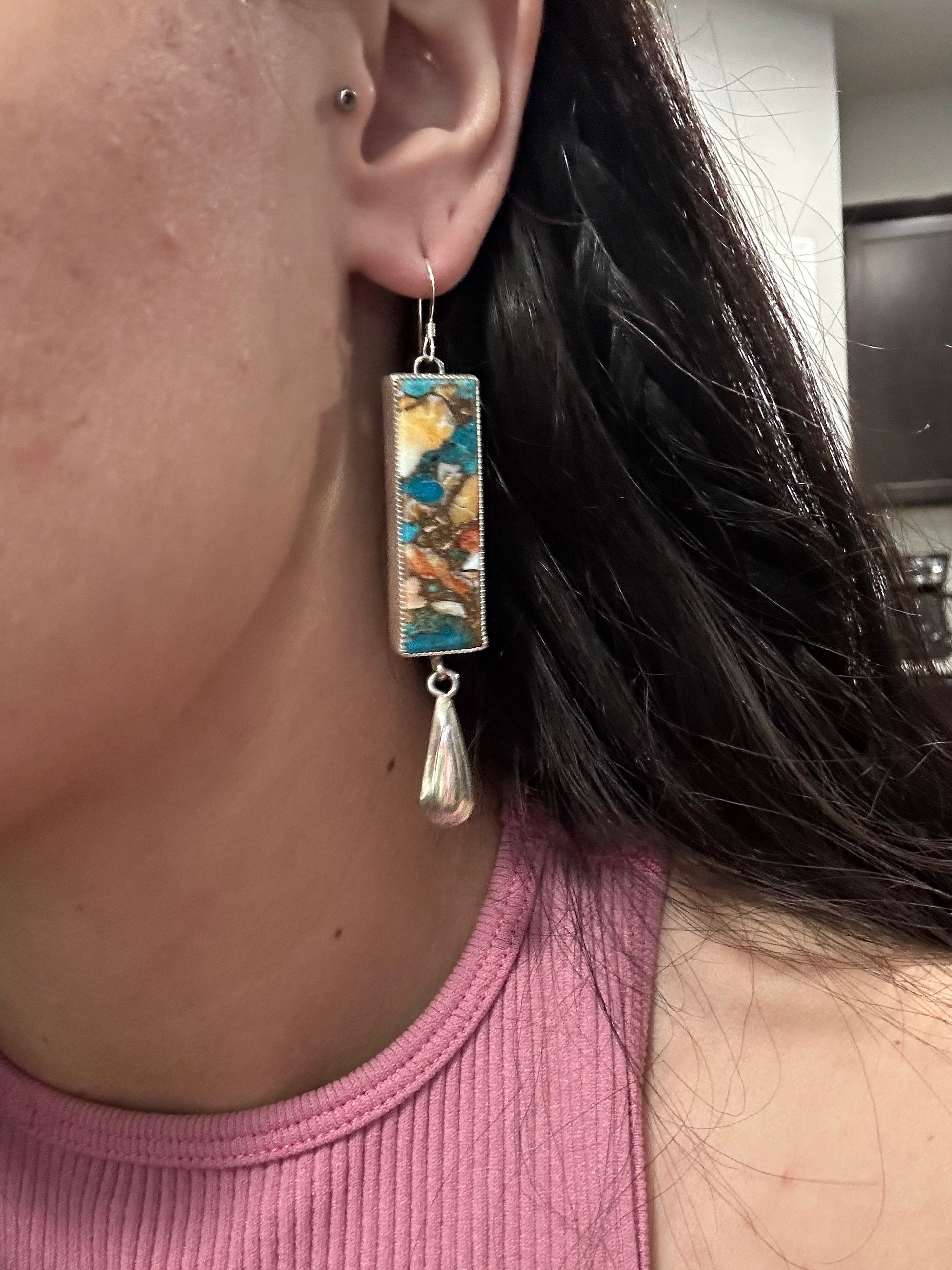 Navajo Made Mohave Turquoise & Sterling Silver Dangle Earrings