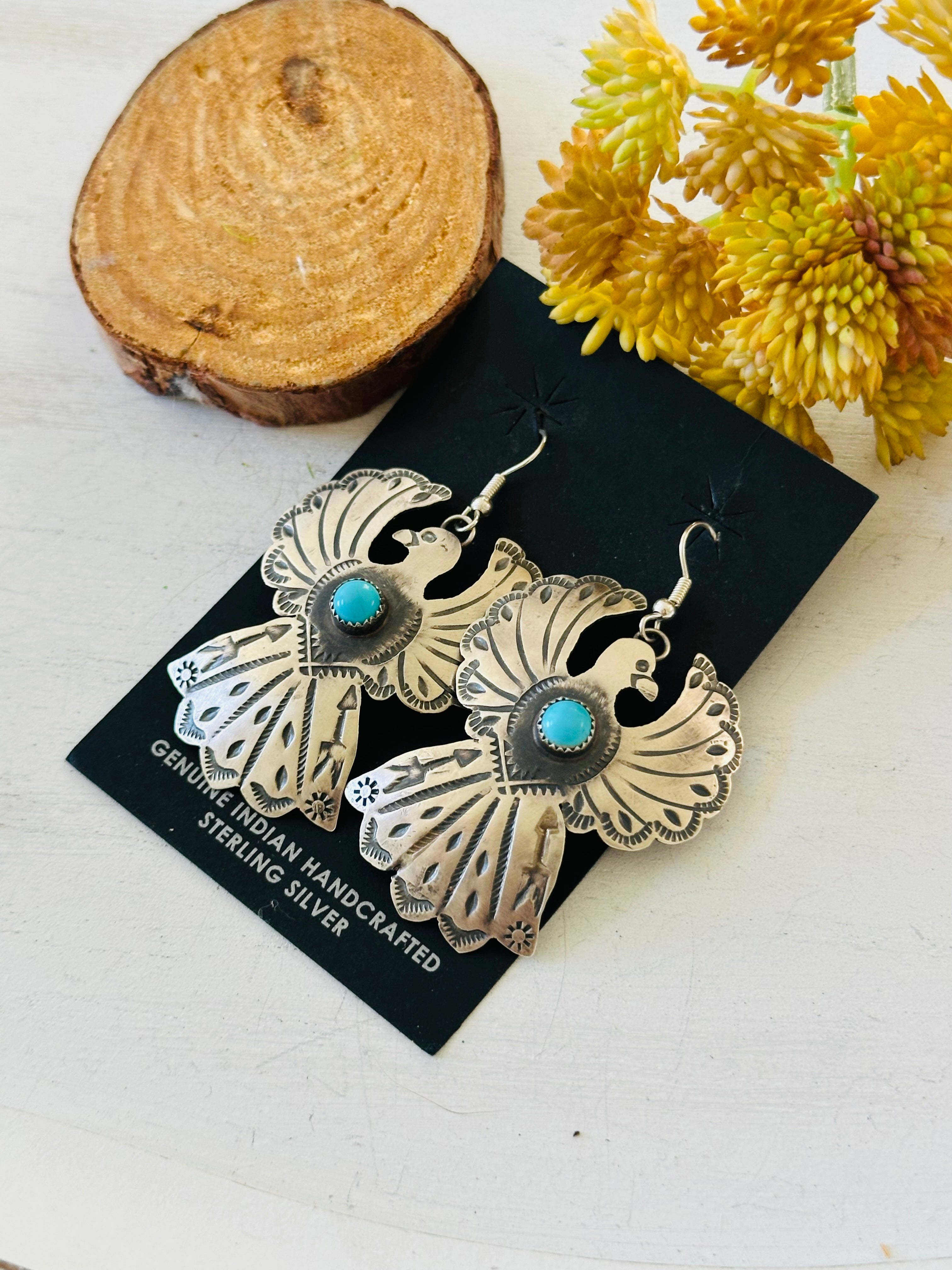 Tim Yazzie Kingman Turquoise & Sterling Silver Thunderbird Dangle Earrings