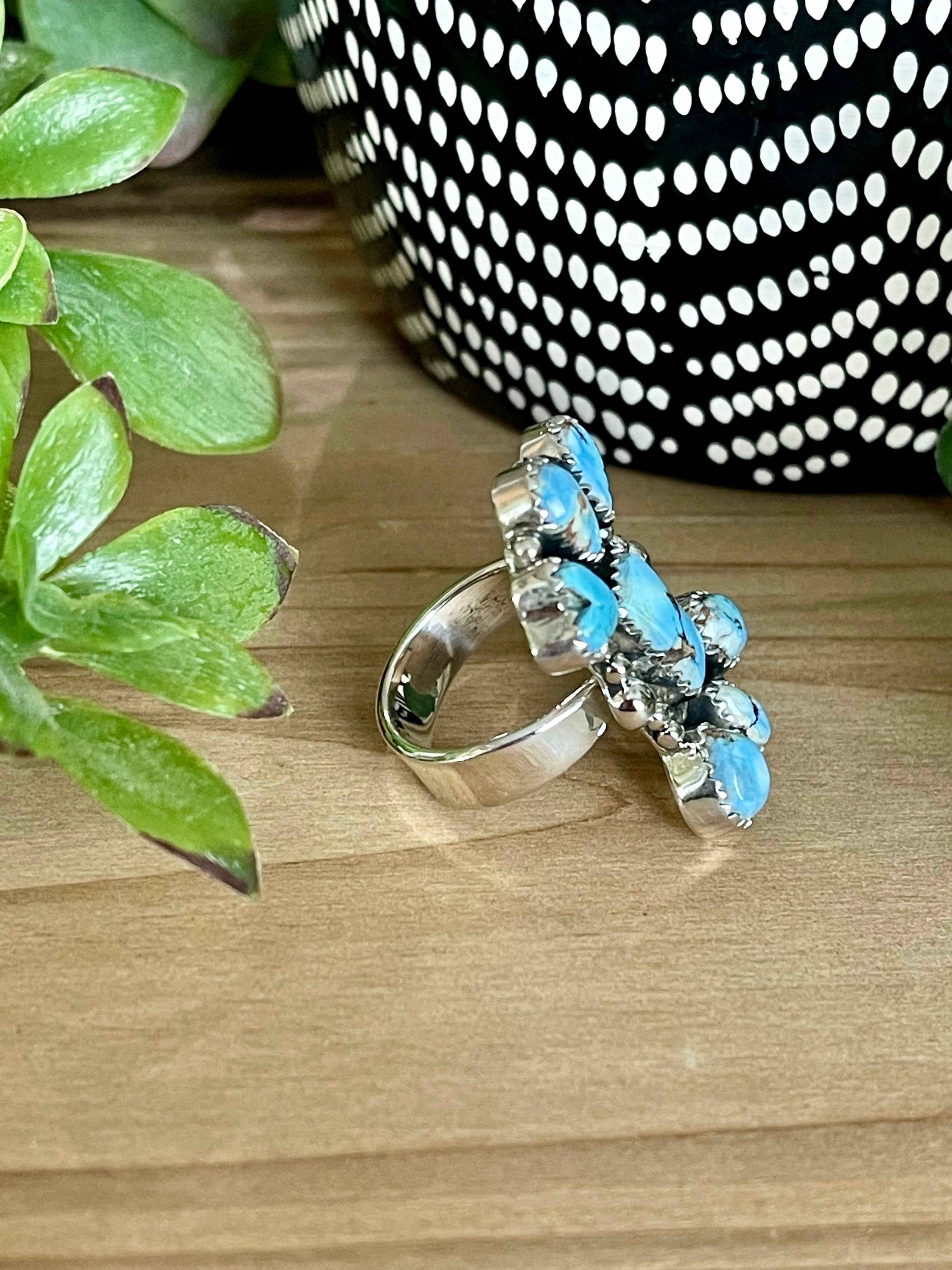 Southwest Handmade Golden Hills Turquoise & Sterling Silver Adjustable Cluster Ring