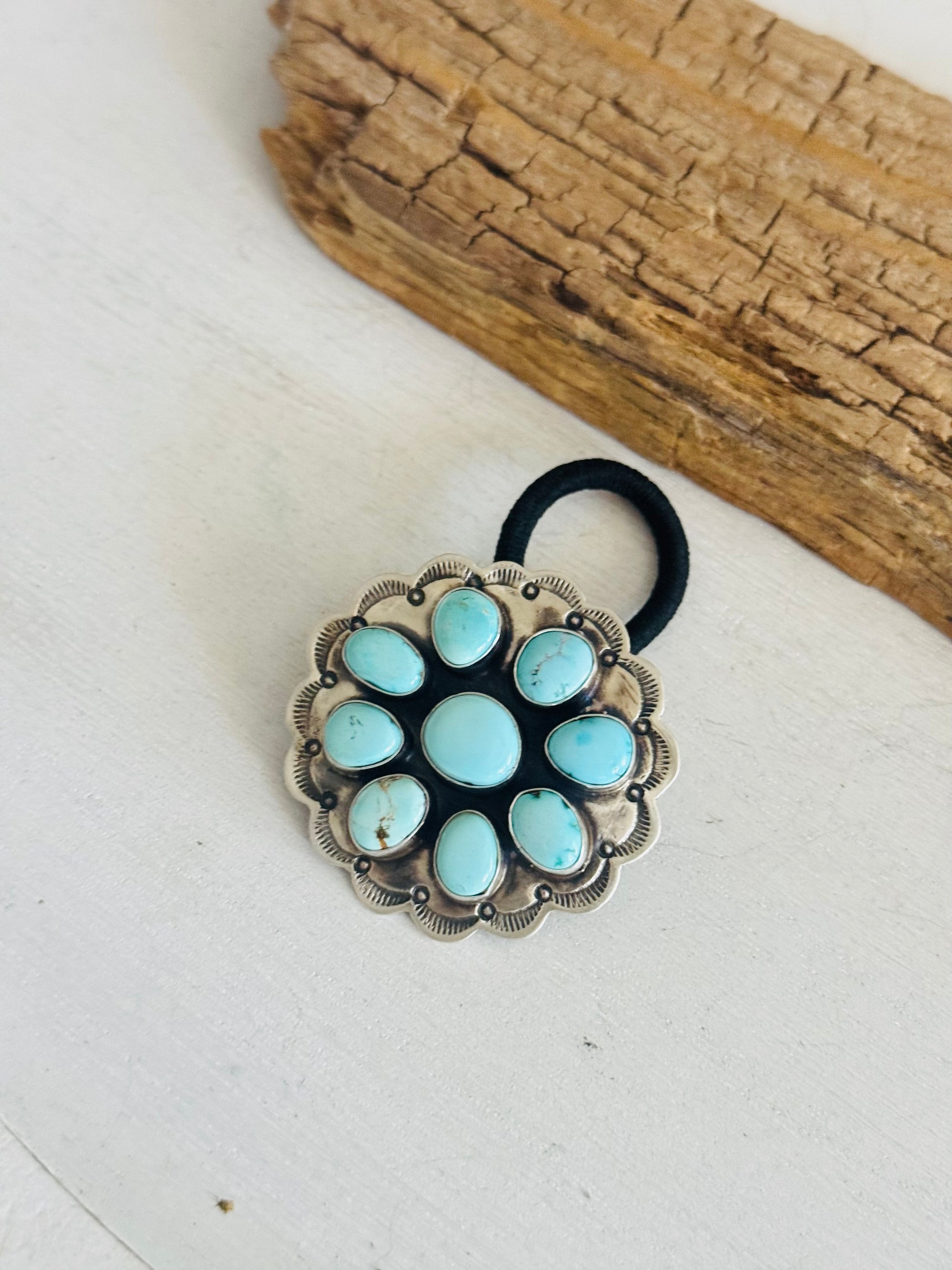 Danny Henio Royston Turquoise & Sterling Silver Concho Ponytail Holder