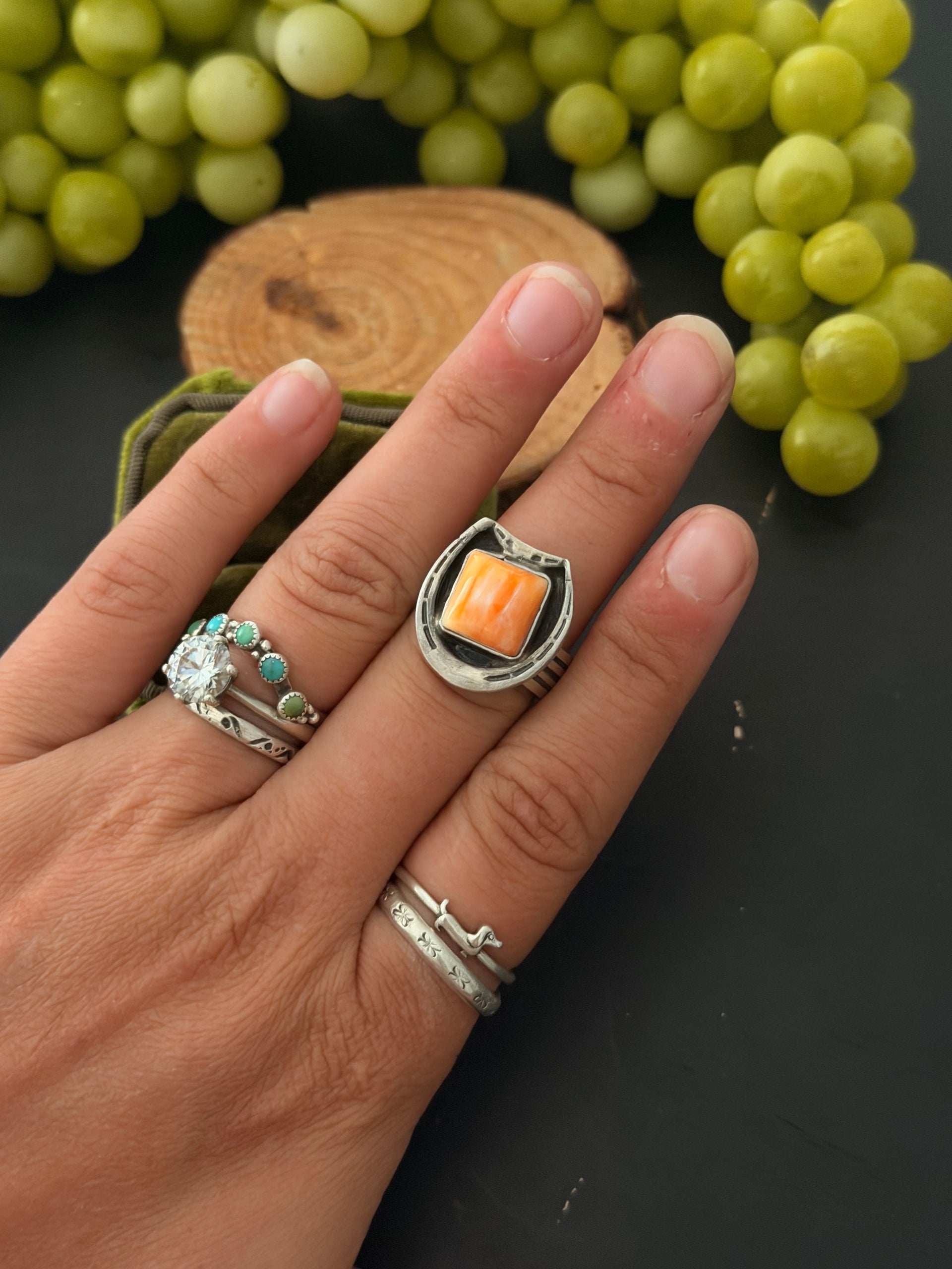Navajo Made Spiny Oyster & Sterling Silver Adjustable Horse Shoe Ring