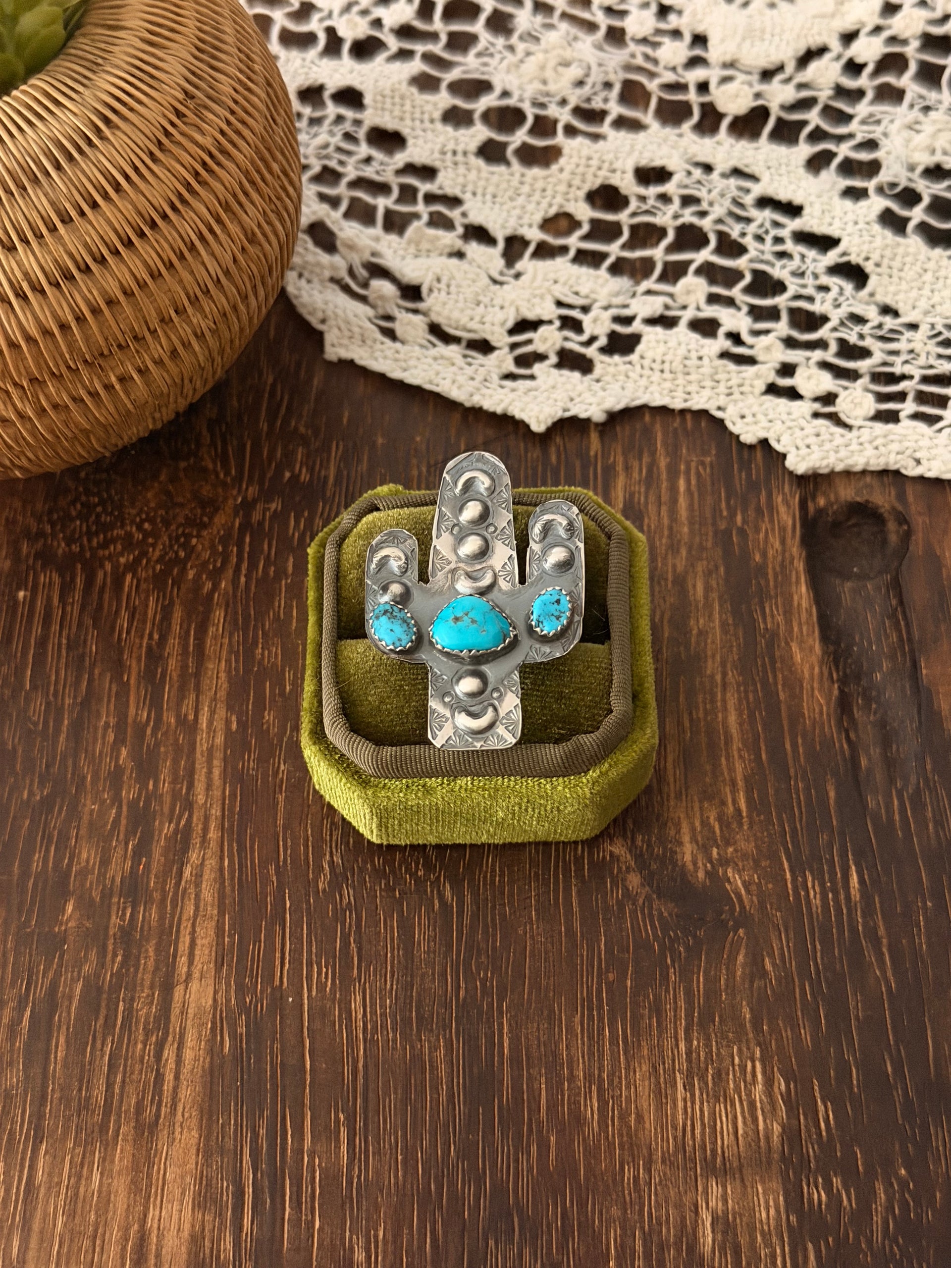 Tim Yazzie Kingman Turquoise & Sterling Silver Adjustable Saguaro Ring
