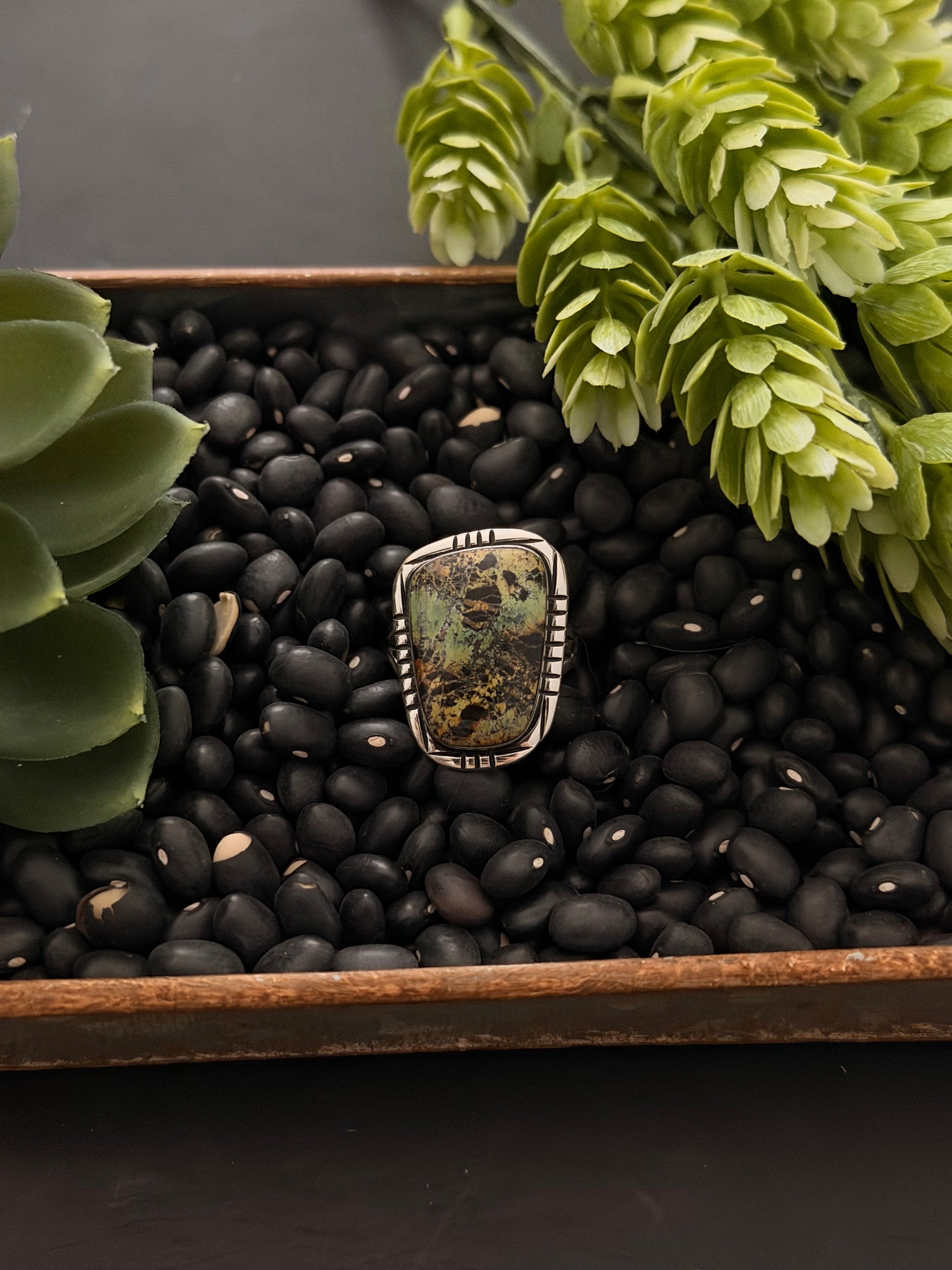 Navajo Made Black Jack Turquoise & Sterling Silver Ring Size 10.5
