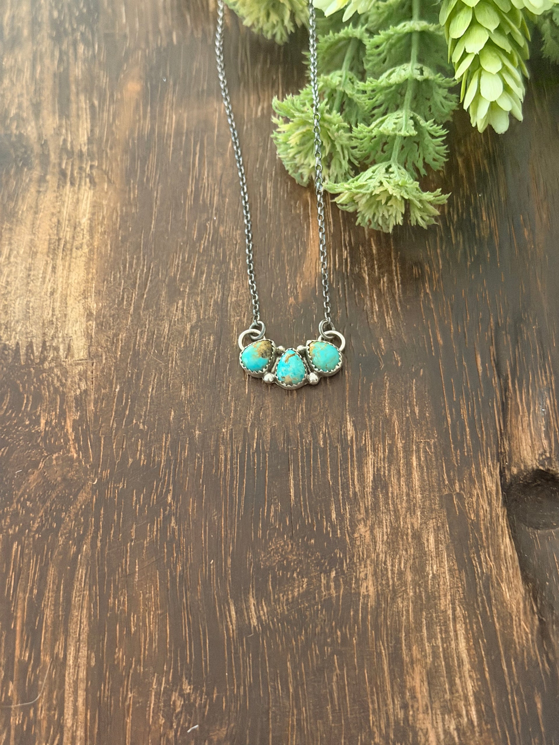 Navajo Made Kingman Turquoise & Sterling Silver Cluster Bar Necklace