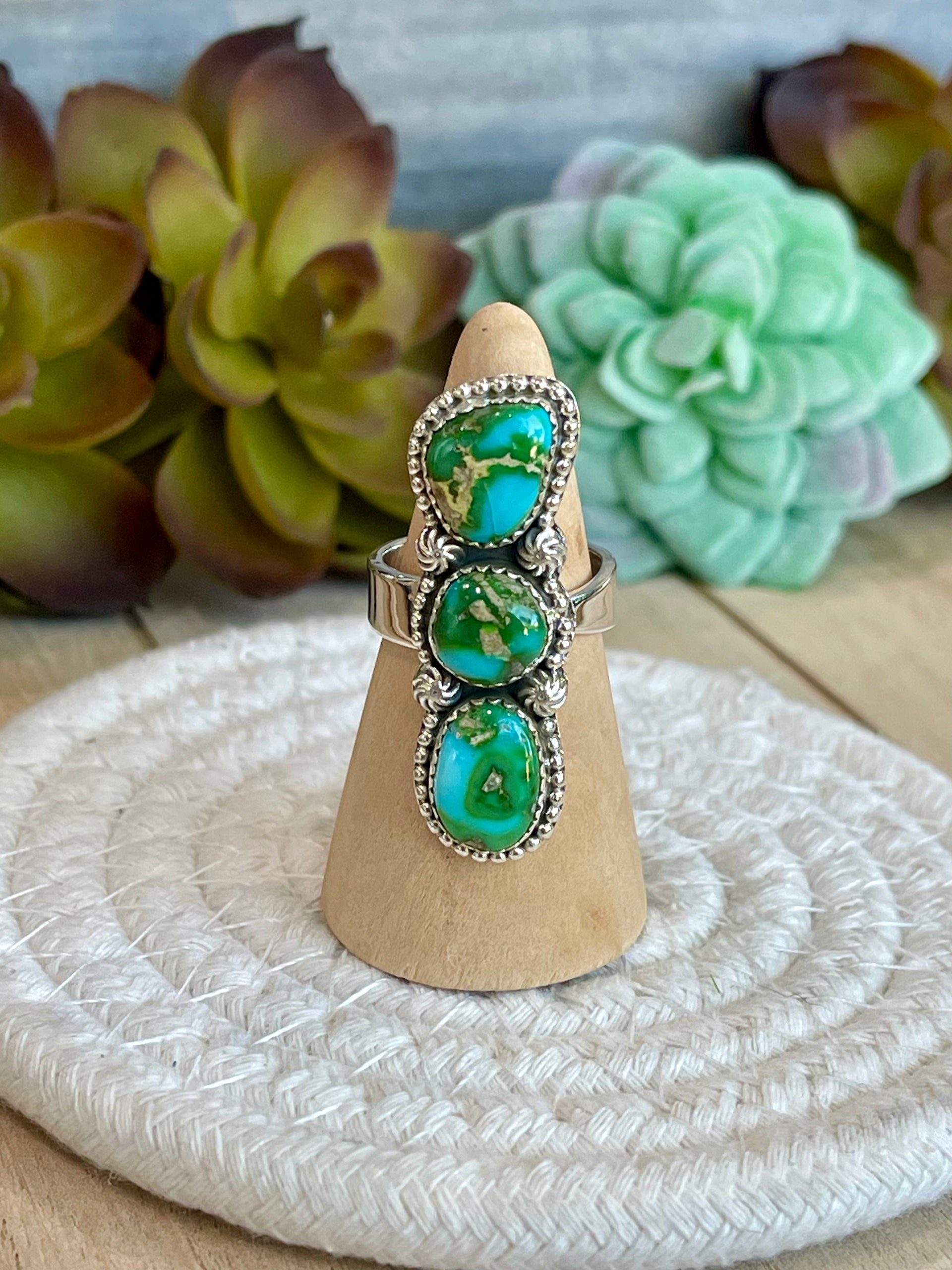 Southwest Handmade Sonoran Mountain Turquoise & Sterling Silver Adjustable 3 Srone Ring