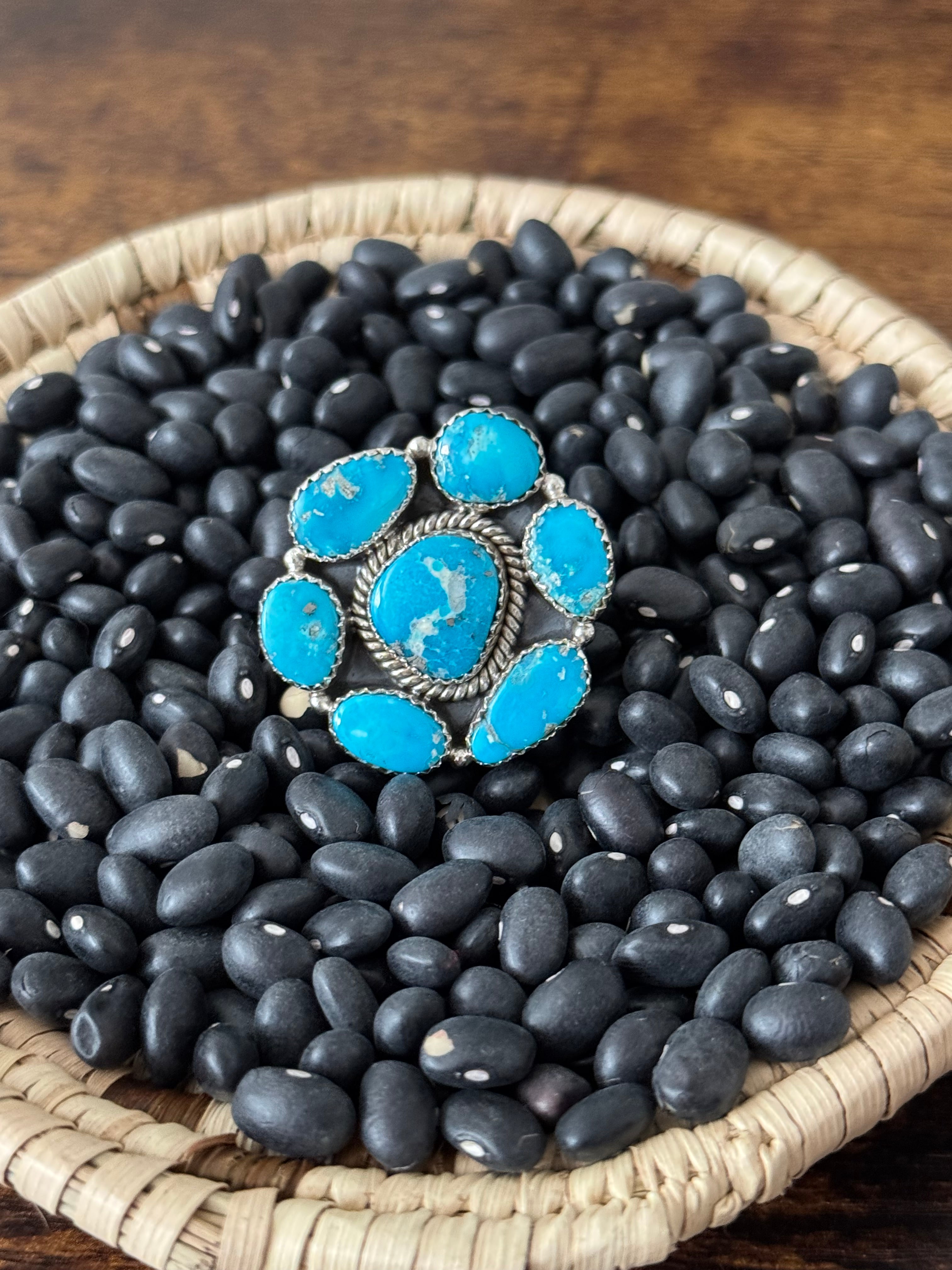 Southwest Handmade Valley Blue Turquoise & Sterling Silver Adjustable Cluster Ring