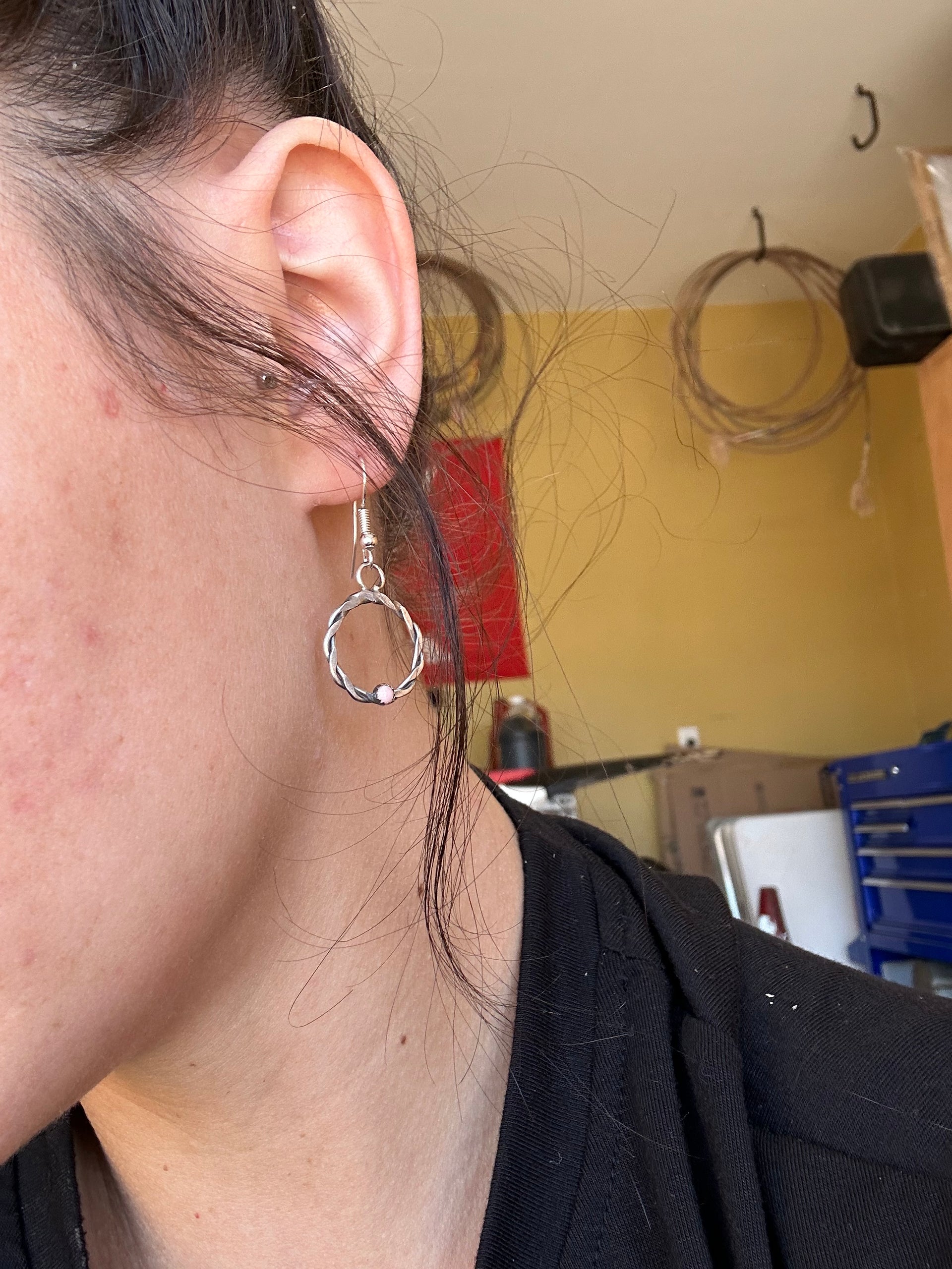 Navajo Handmade Pink Conch & Sterling Silver Dangle Earrings