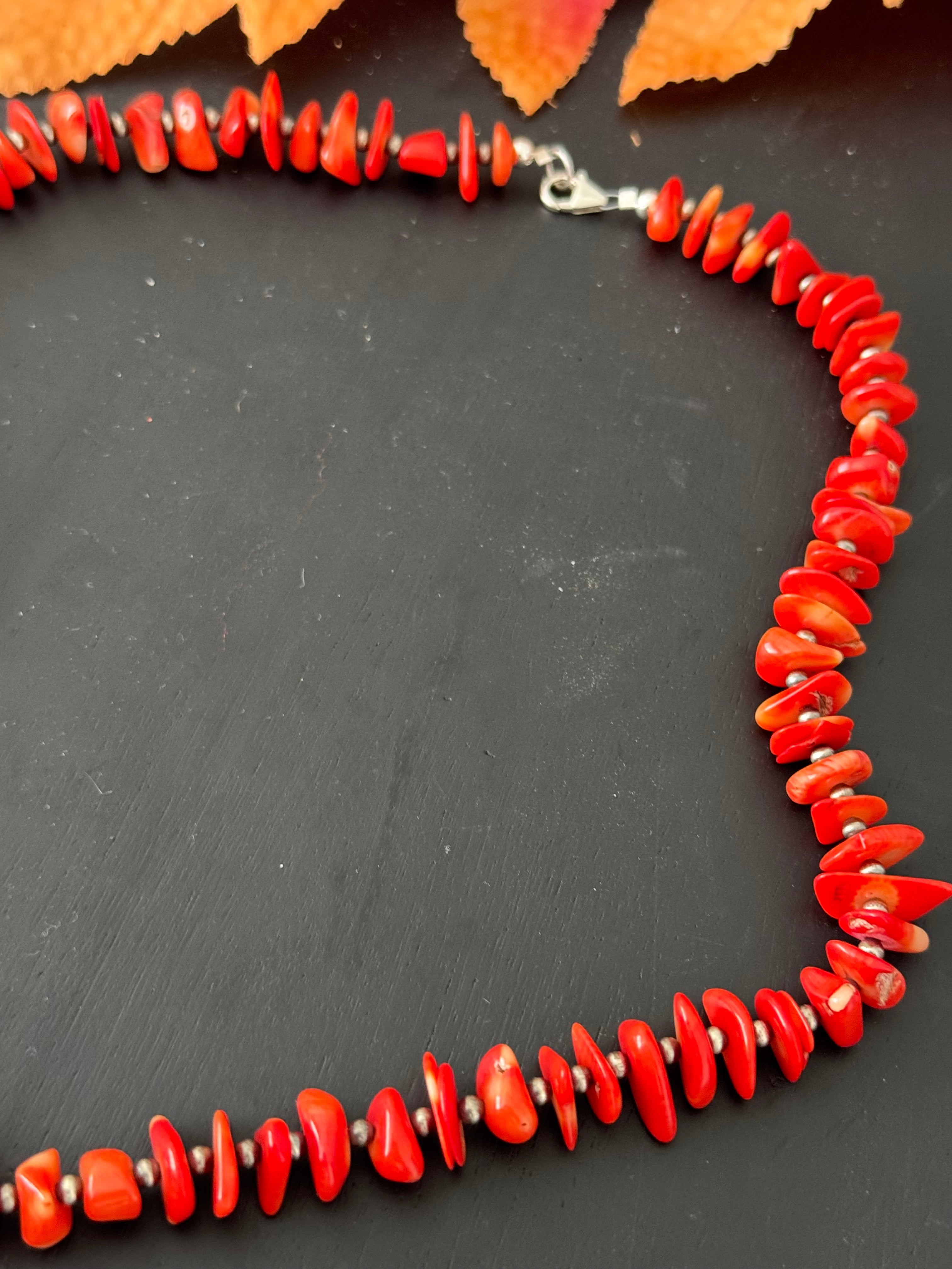 Navajo Strung Bamboo Coral & Sterling Silver Beaded Necklace