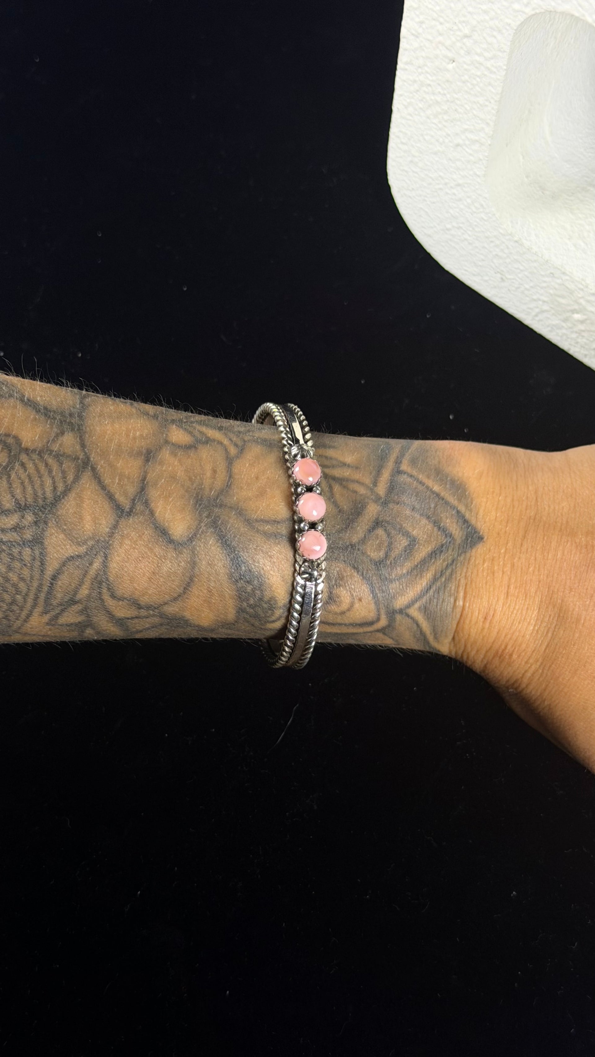 Navajo Made Pink Conch & Sterling Silver Cuff Bracelet