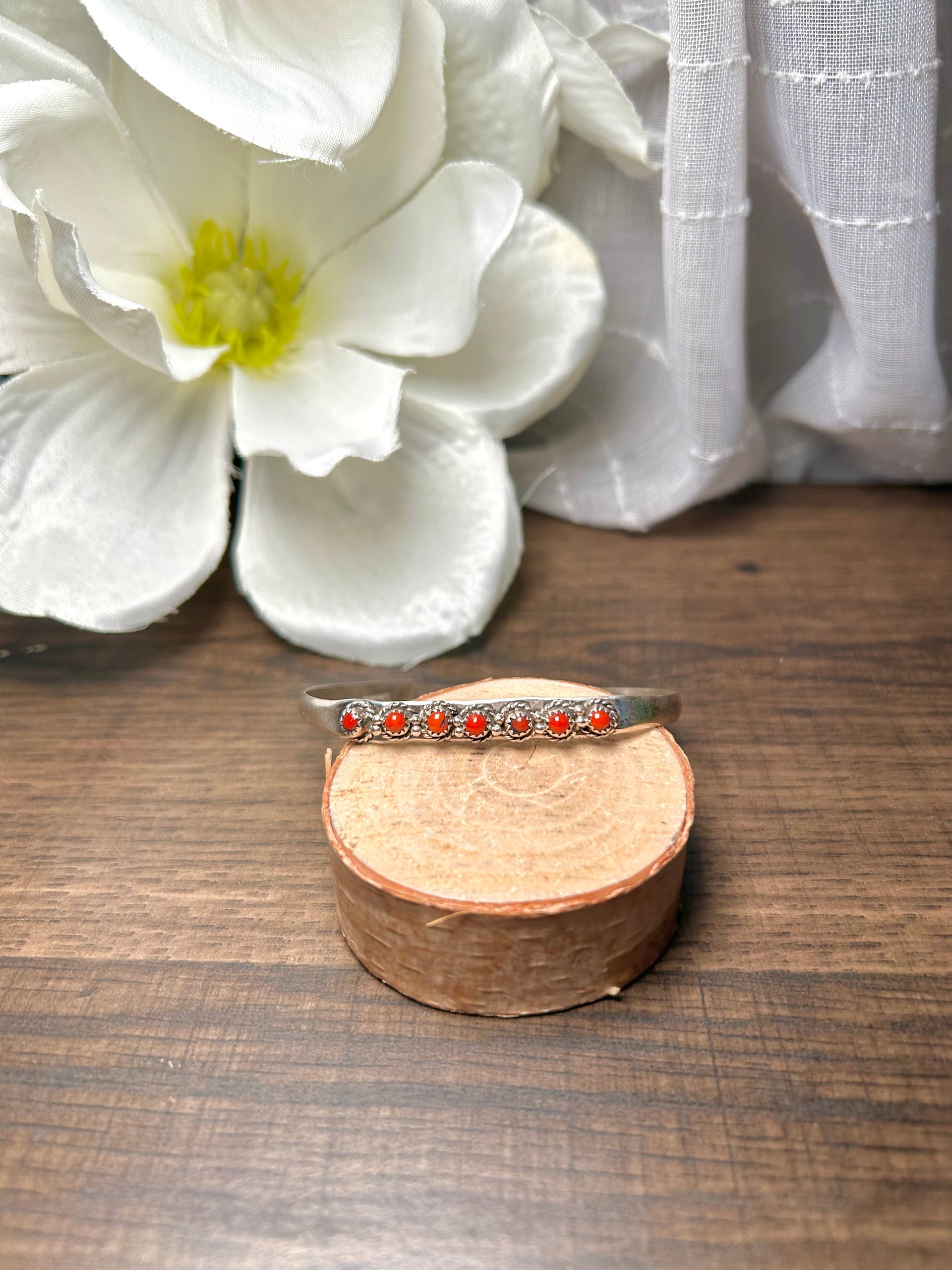 Navajo Made Coral & Sterling Silver Cuff Bracelet