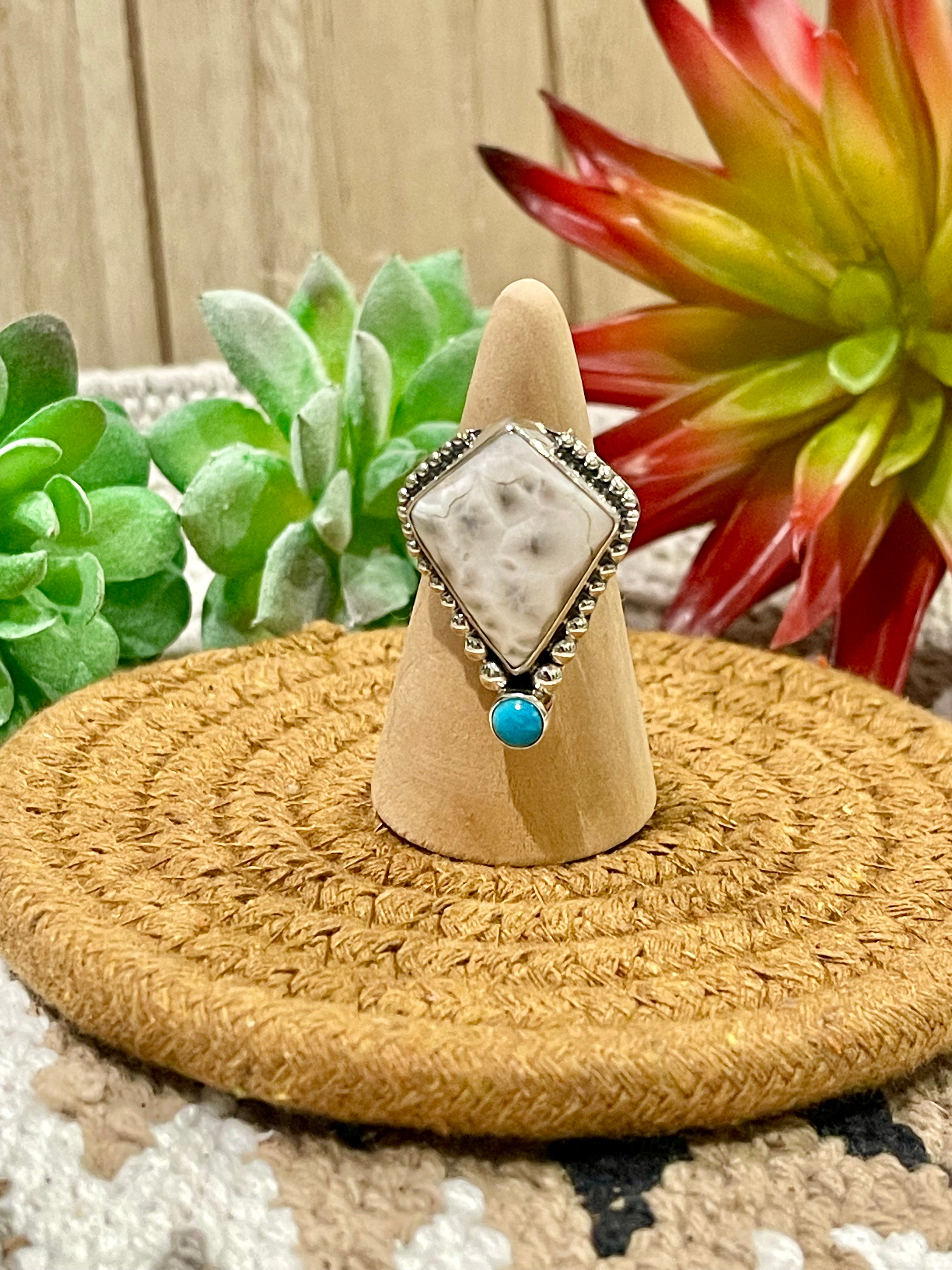 Southwest Handmade Pink Larimar With Kingman Turquoise & Sterling Silver Adjustable Ring