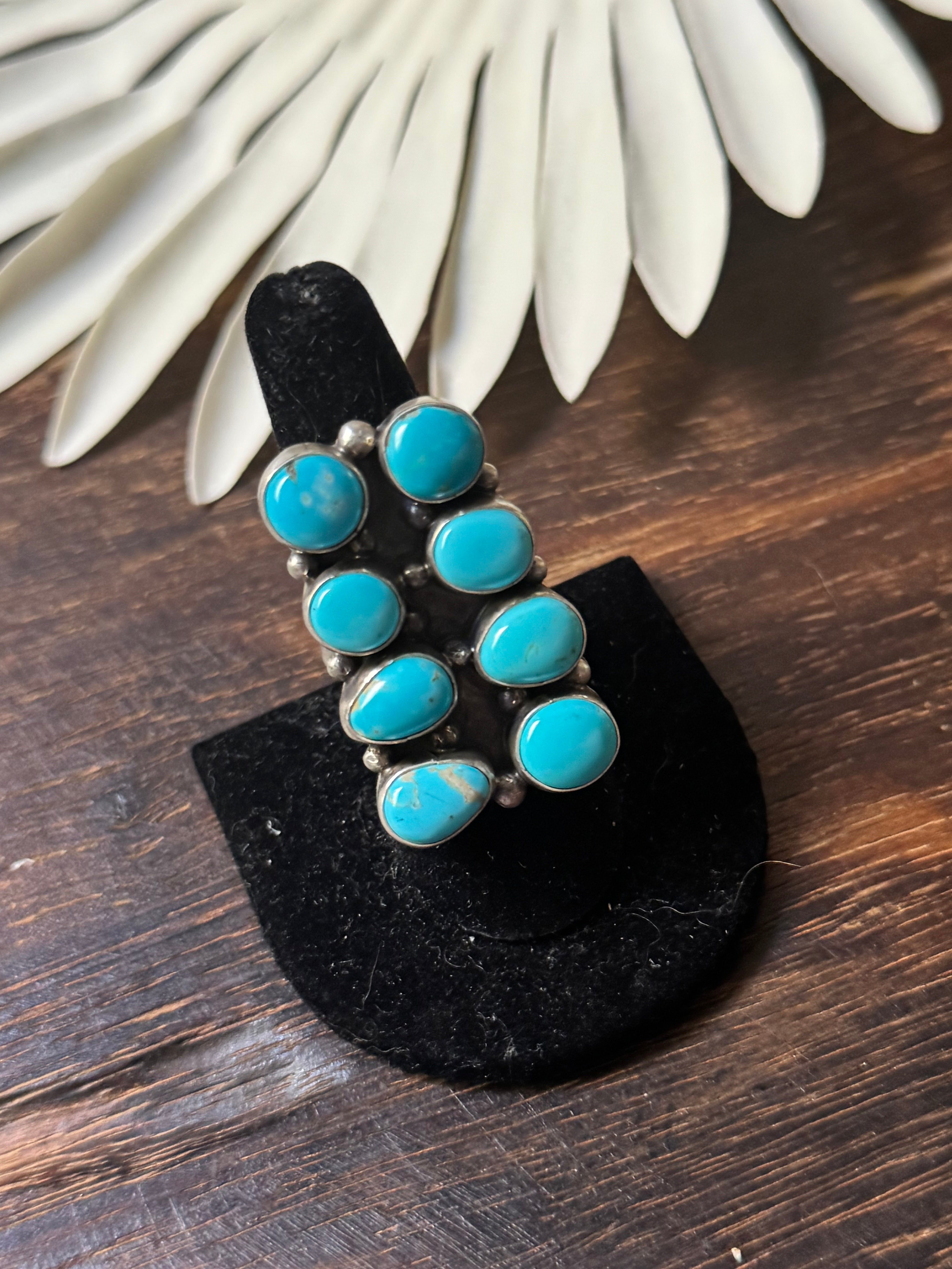 Navajo Made Kingman Turquoise & Sterling Silver Cluster Ring Size 8