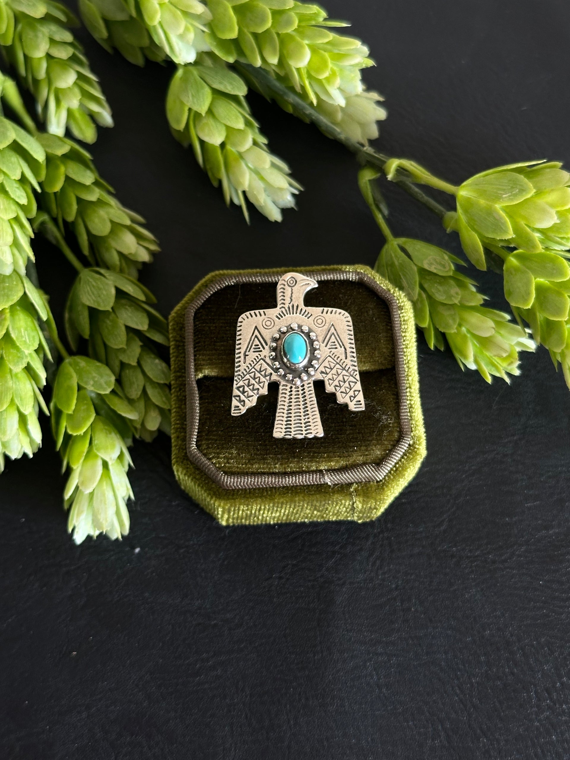 Southwest Handmade Turquoise& Sterling Silver Thunderbird Adjustable Ring