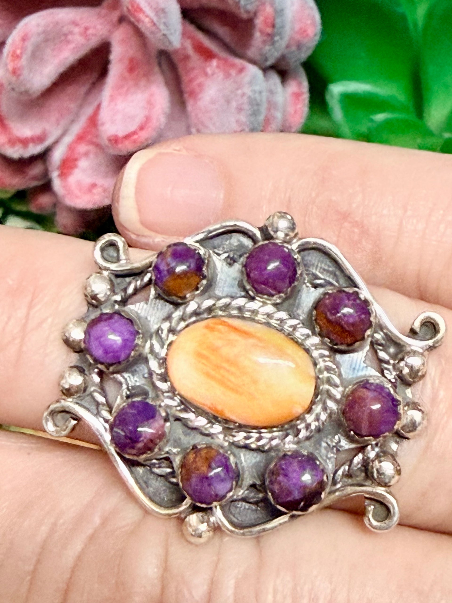 Southwest Handmade Multistone & Sterling Silver Ring Size 7.5