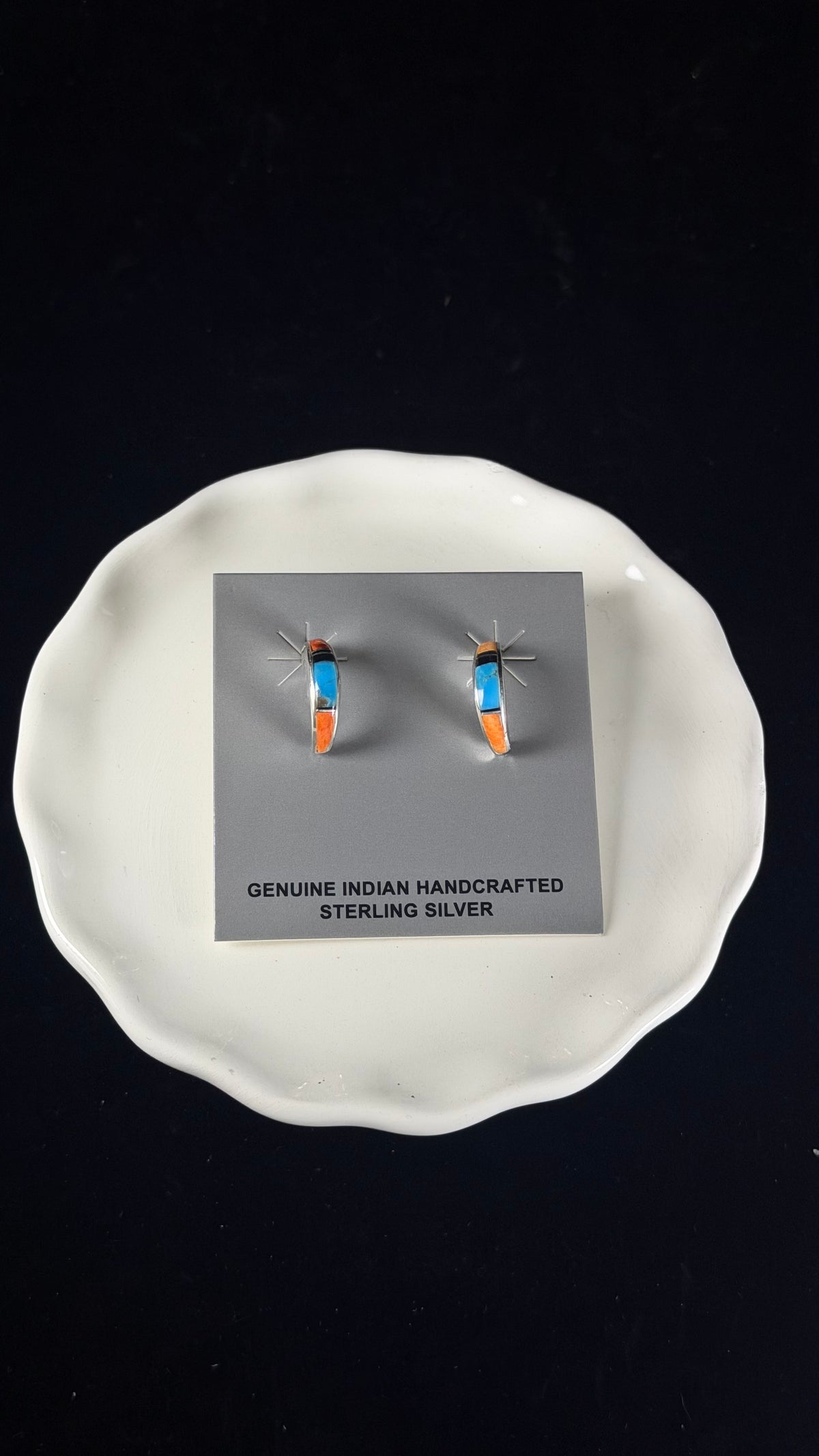 Navajo Made Multi Stone & Sterling Silver Post Dangle Inlay Hoop Earrings