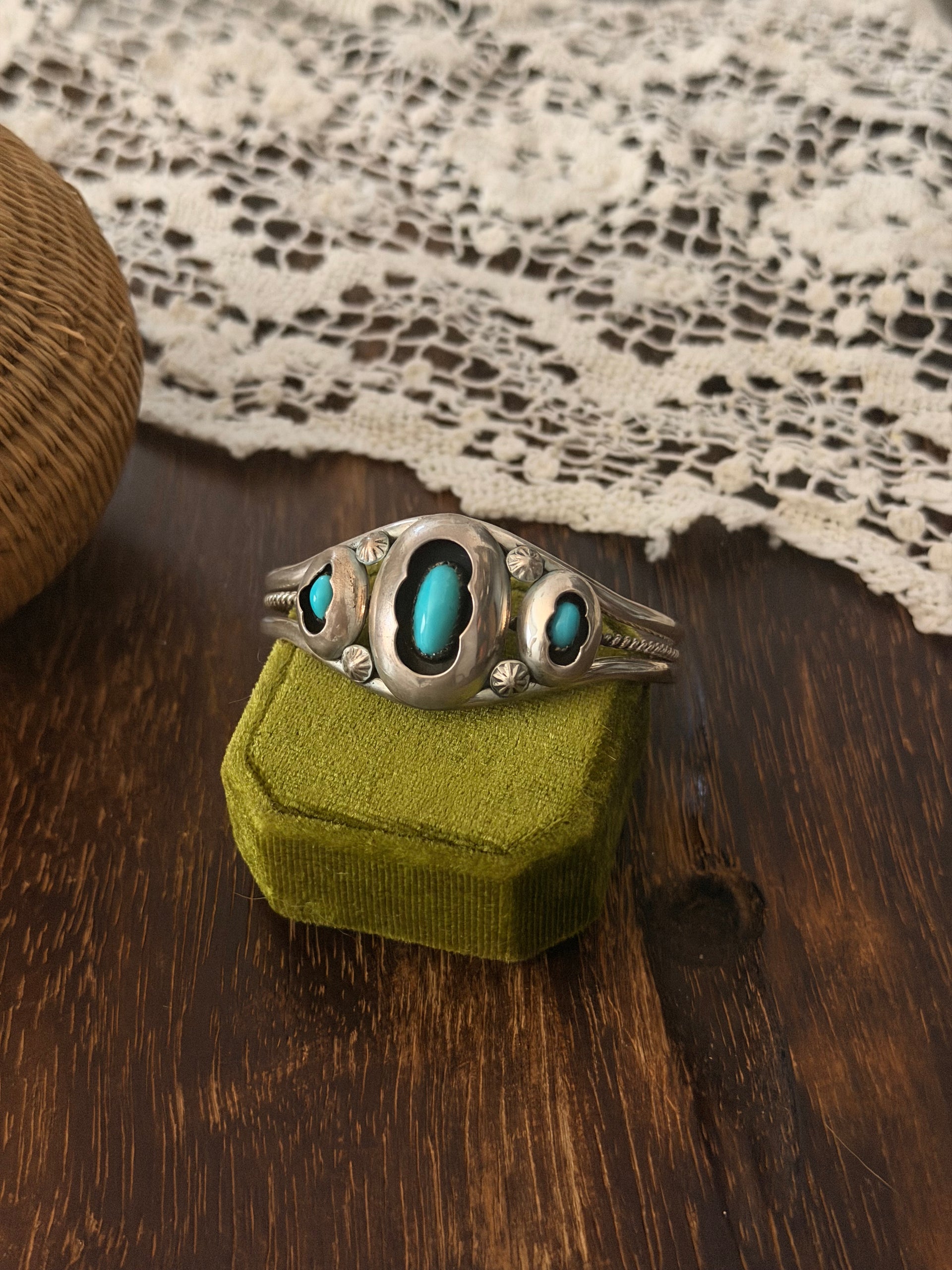 Navajo Made Kingman Turquoise & Sterling Silver Shadowbox Cuff Bracelet